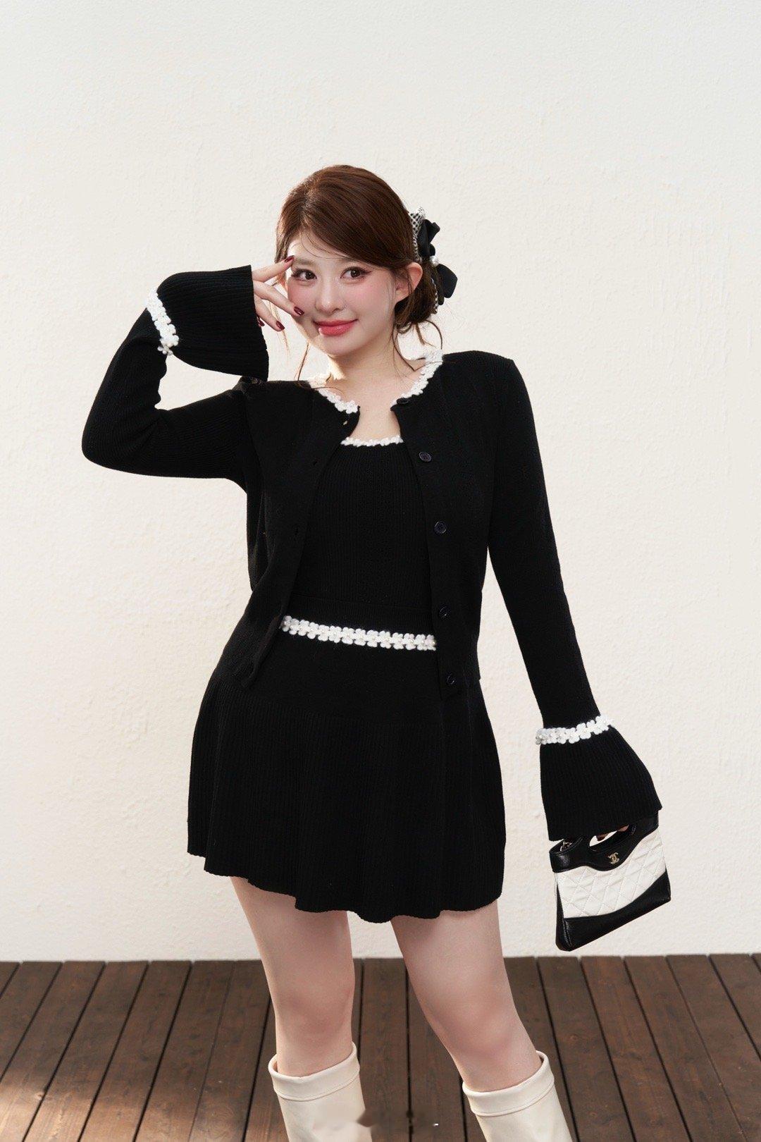 省心穿搭NO.1“乖乖套装”🖤🤍黑白珍珠配色的针织三件套（开衫+吊带+半裙）