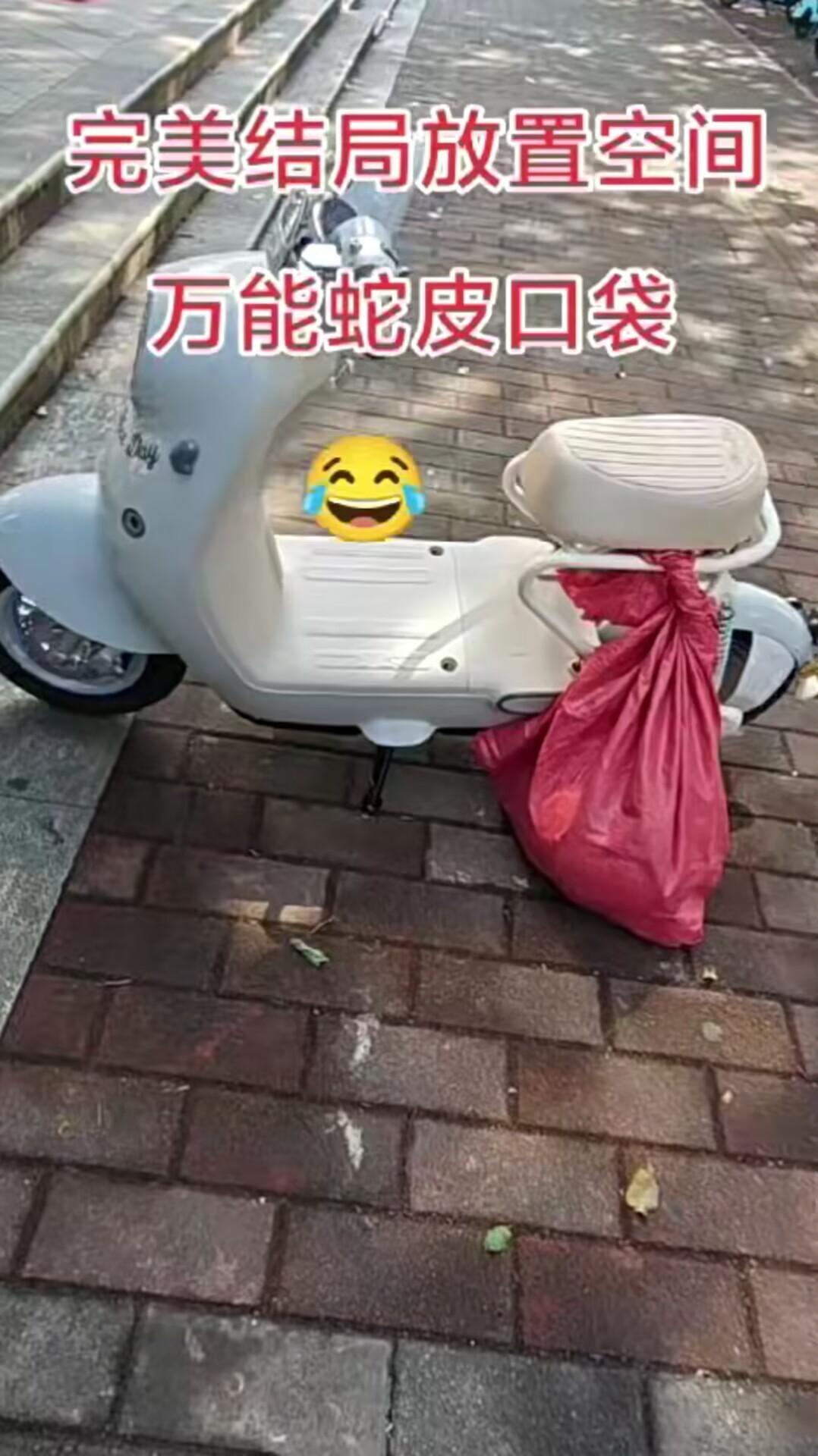 因改版电动车没有储物空间，万能的网友还是用最朴实的方式，蛇皮袋子装东西，不由感慨