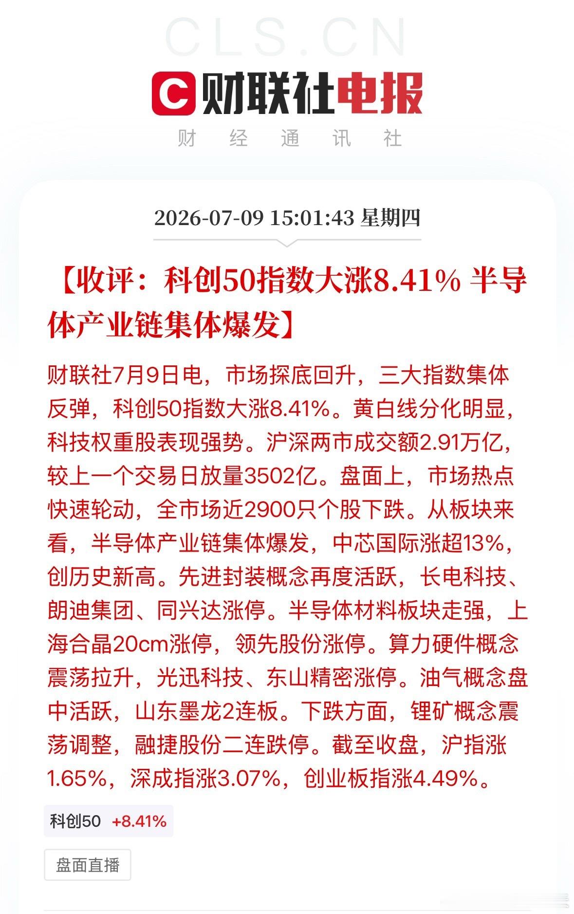 A股半导体设备板块走强科创50指数大涨8.41%，半导体产业链集体爆发。 