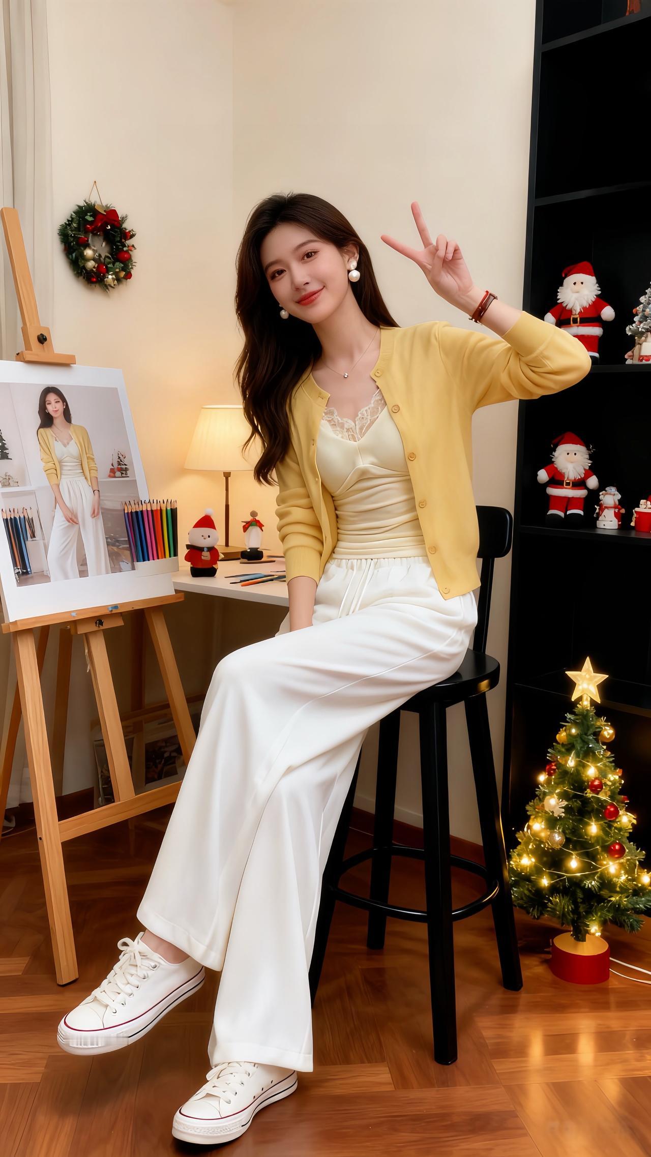 圣诞夜的暖灯刚爬上画架的木纹，她蜷在黑高脚凳上比了个轻快的“V”——身上那件鹅黄
