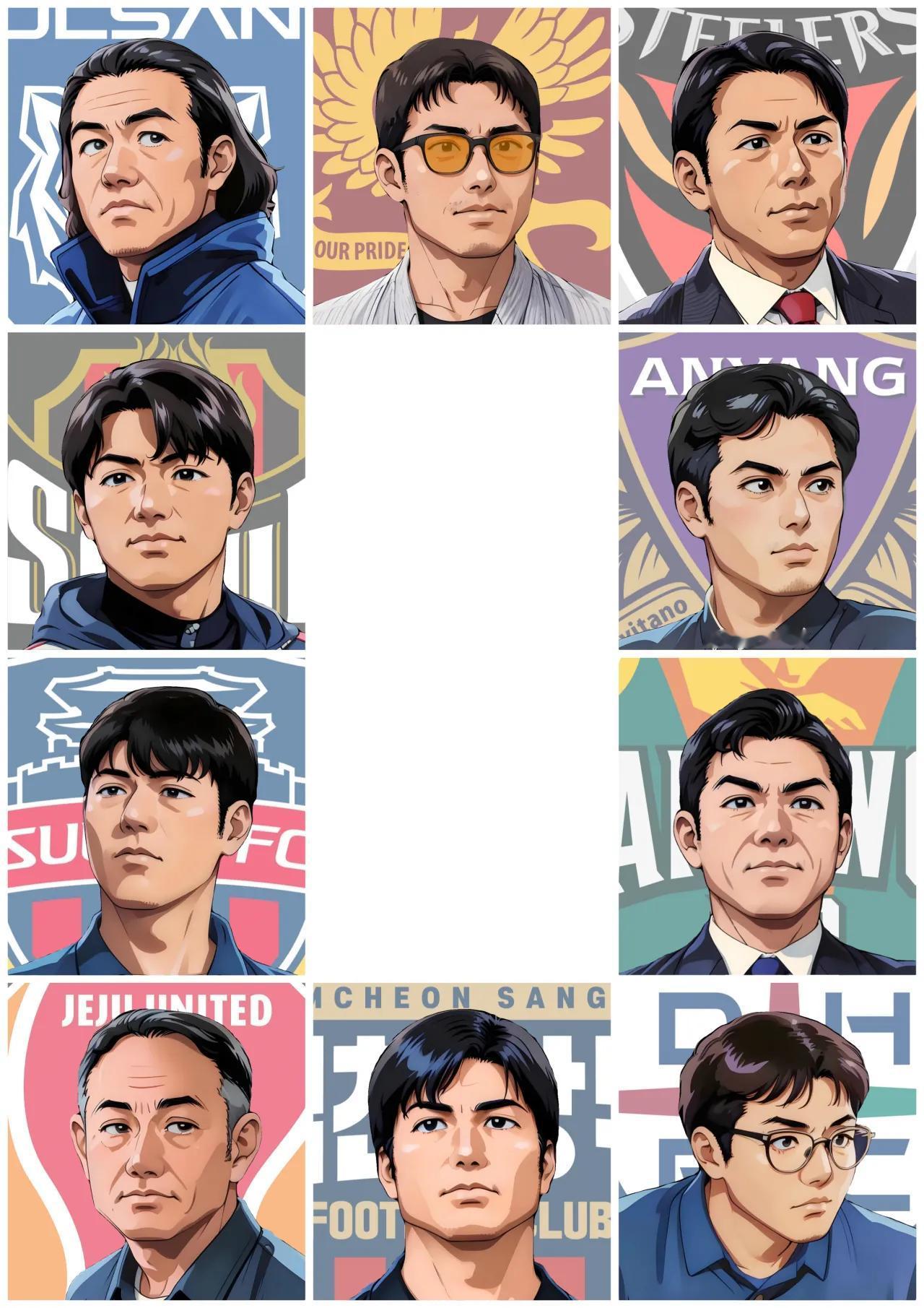 用AI技术制作的韩国K联赛主教练漫画，这里不乏中国球迷熟知的面孔，包括金鹤范、黄