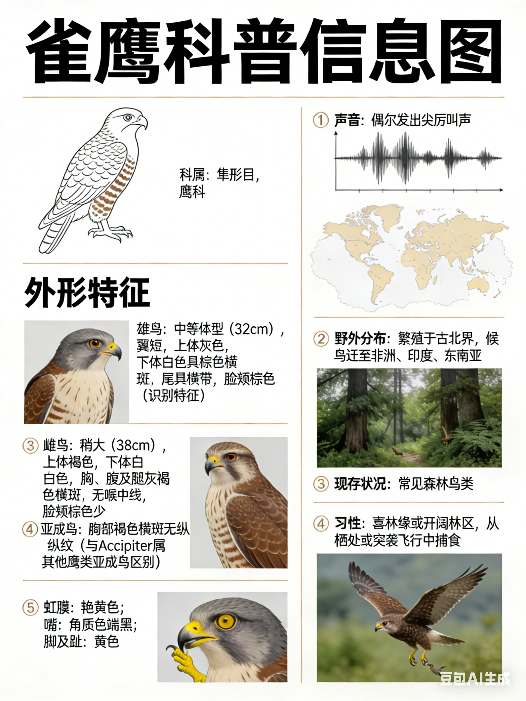 鸟类朋友图鉴 雀鹰·科属：隼形目，鹰科。·外形特征：中等体型（雄鸟32cm，雌鸟