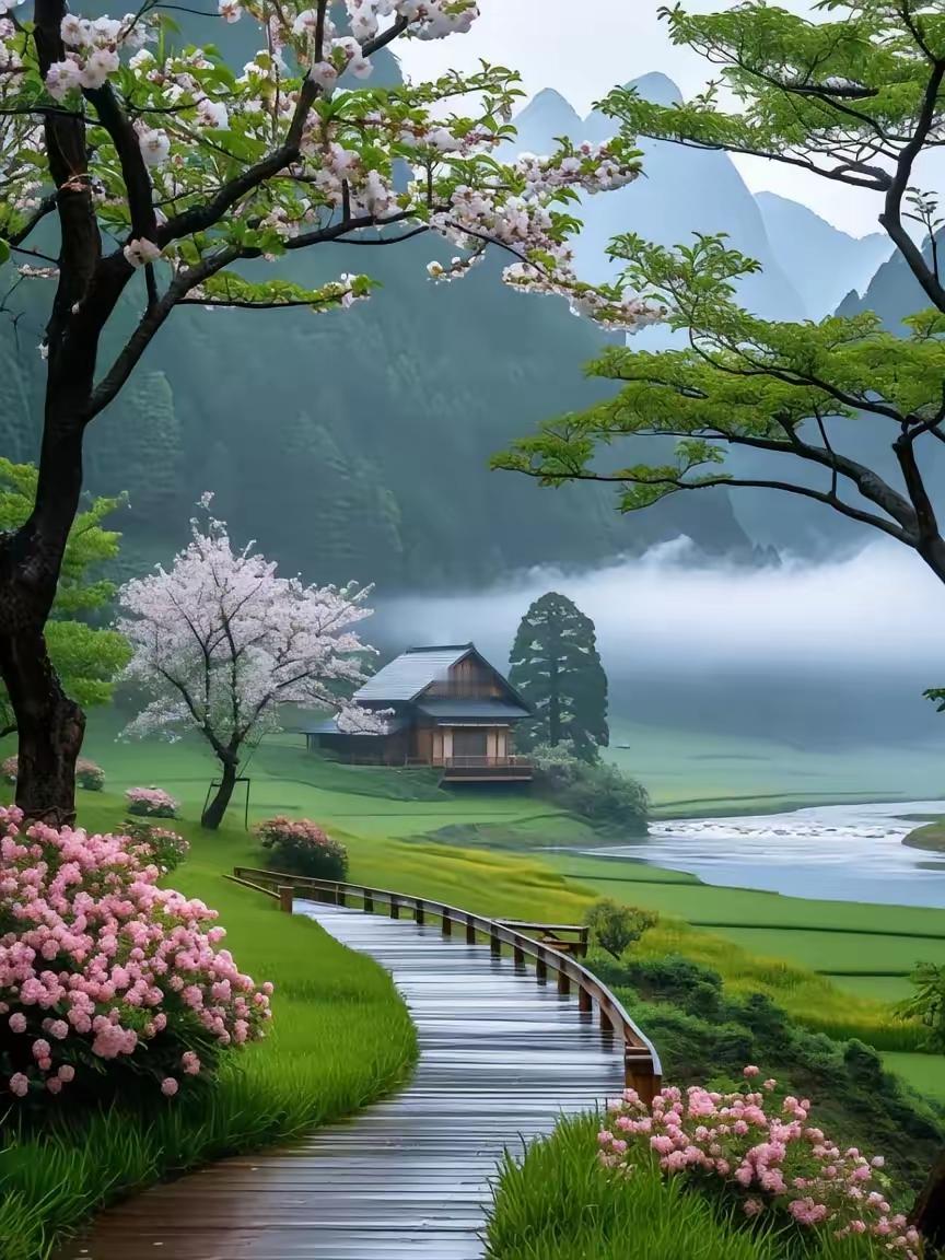 “春日仙境，花海中的木屋，静谧而美丽”🌸🏡🍃