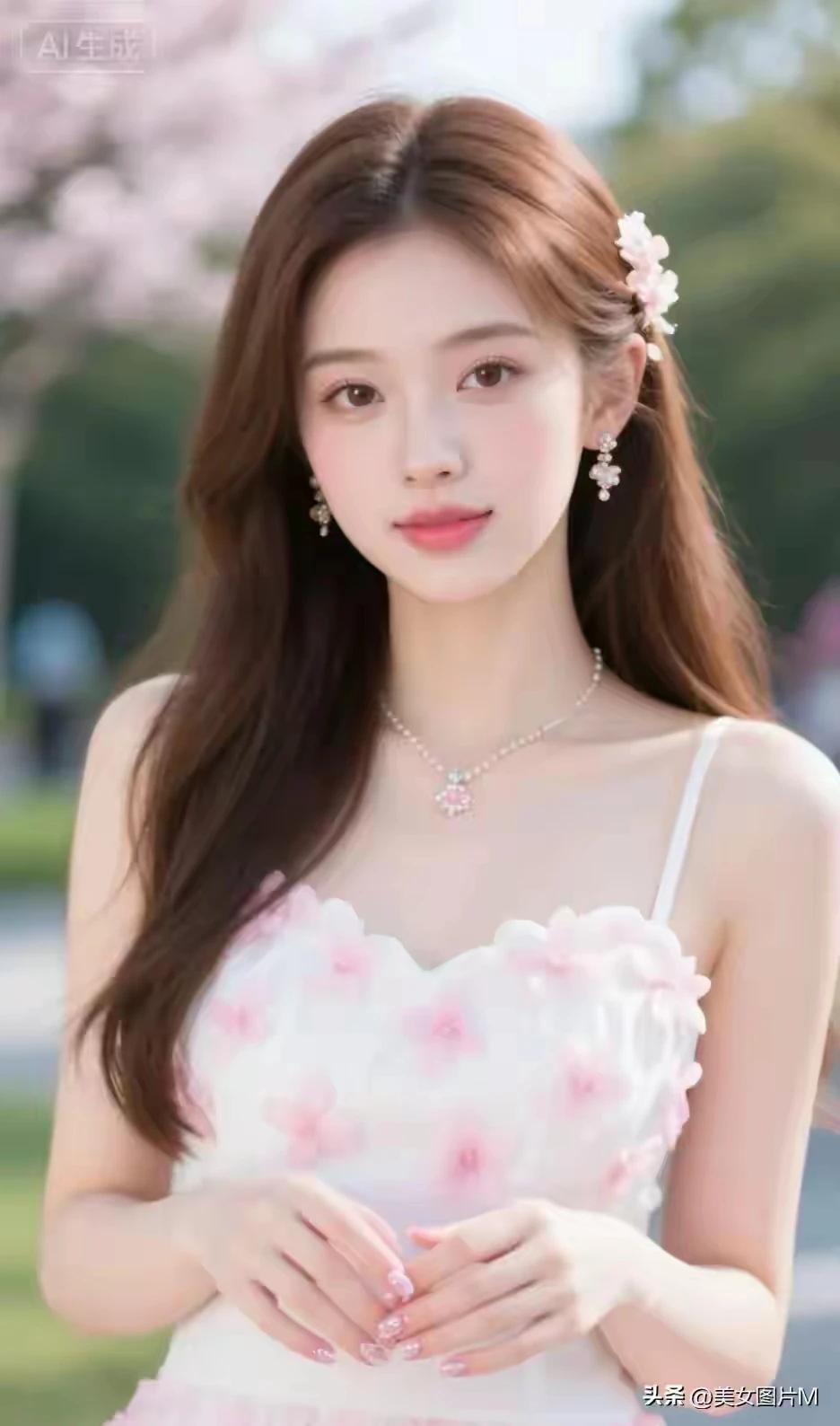 出水芙蓉，亭亭玉立。
面若桃花，美如冠玉。
漂亮少女，一袭粉色。
花瓣衣裙，温柔