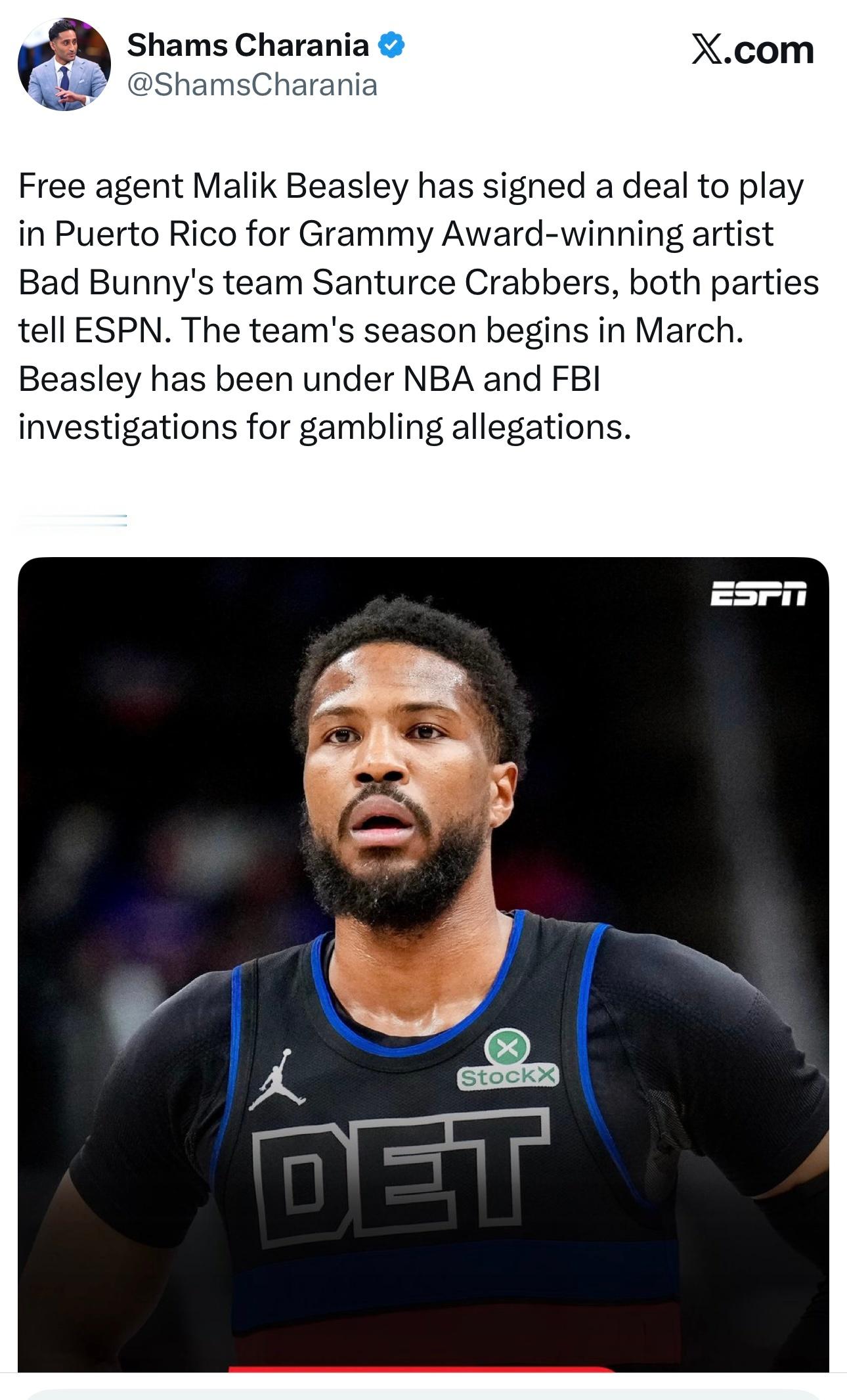 Shams：此前因为涉嫌赌博接受联盟调查的马利克·比斯利加盟波多黎各联赛。 