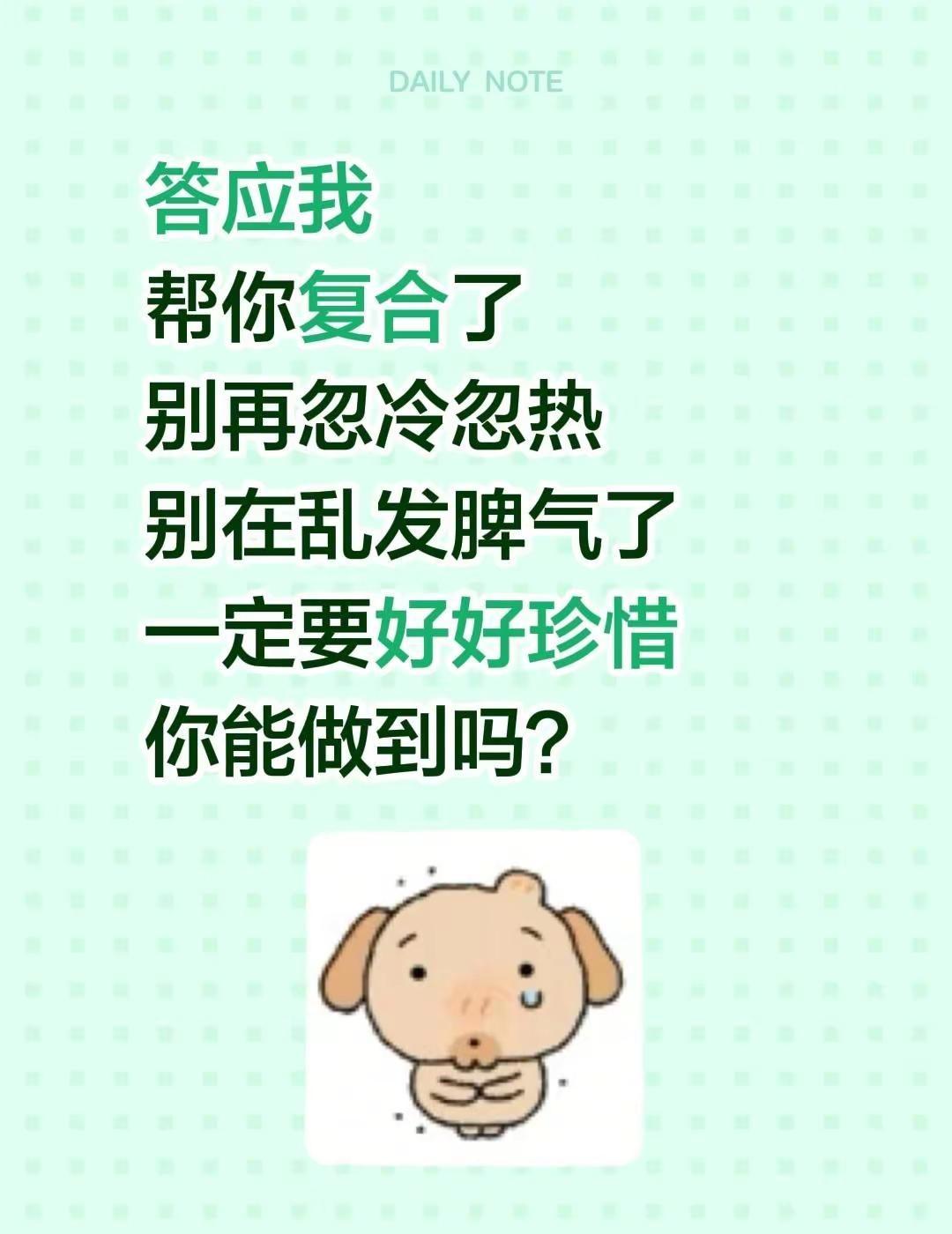 答应我帮你复合了别再忽冷忽热别在乱发脾气了一定要好好珍惜你能做到吗？挽回感情 感