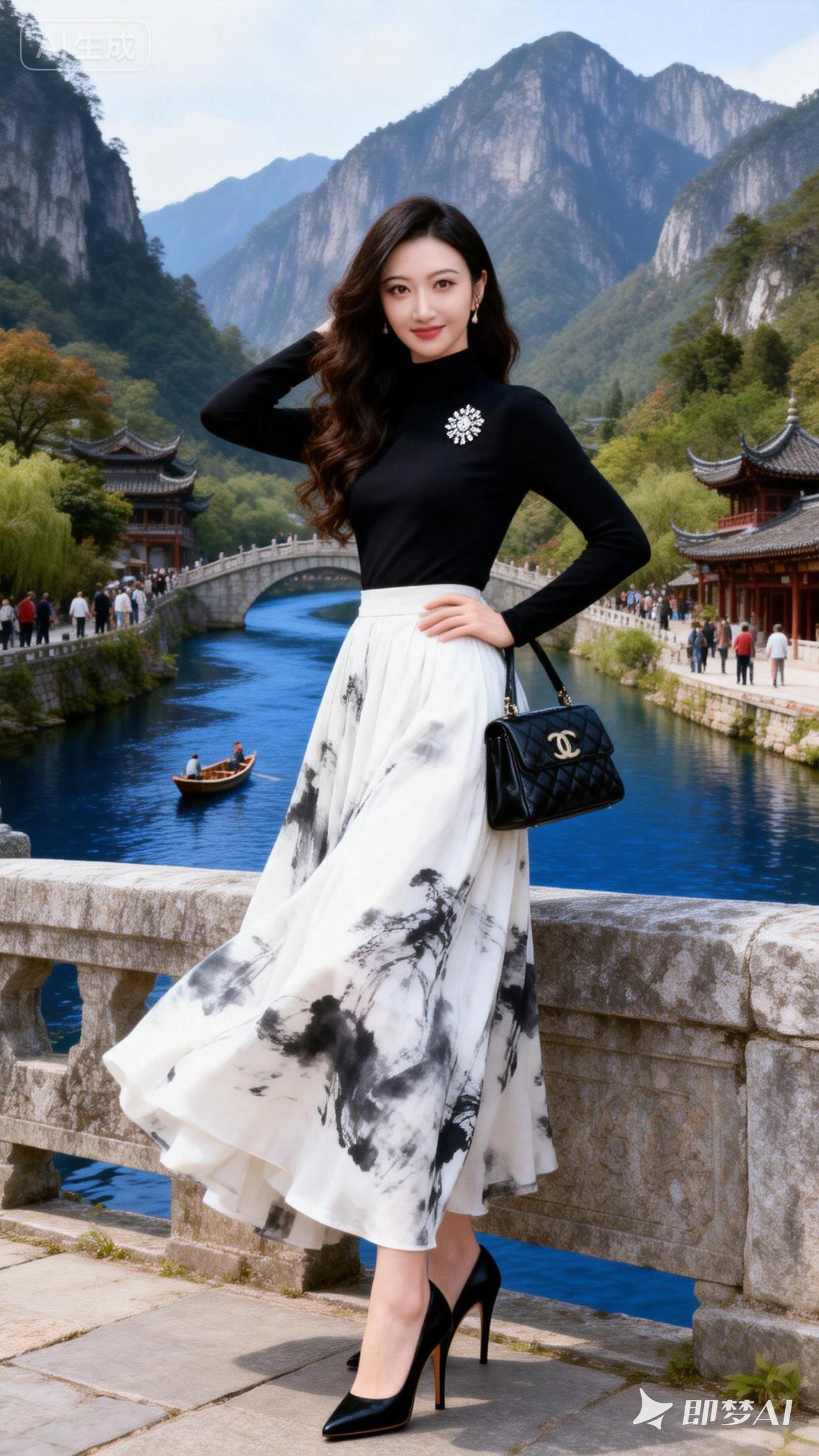 山水间，黑衣美人倚桥笑，风华绝代