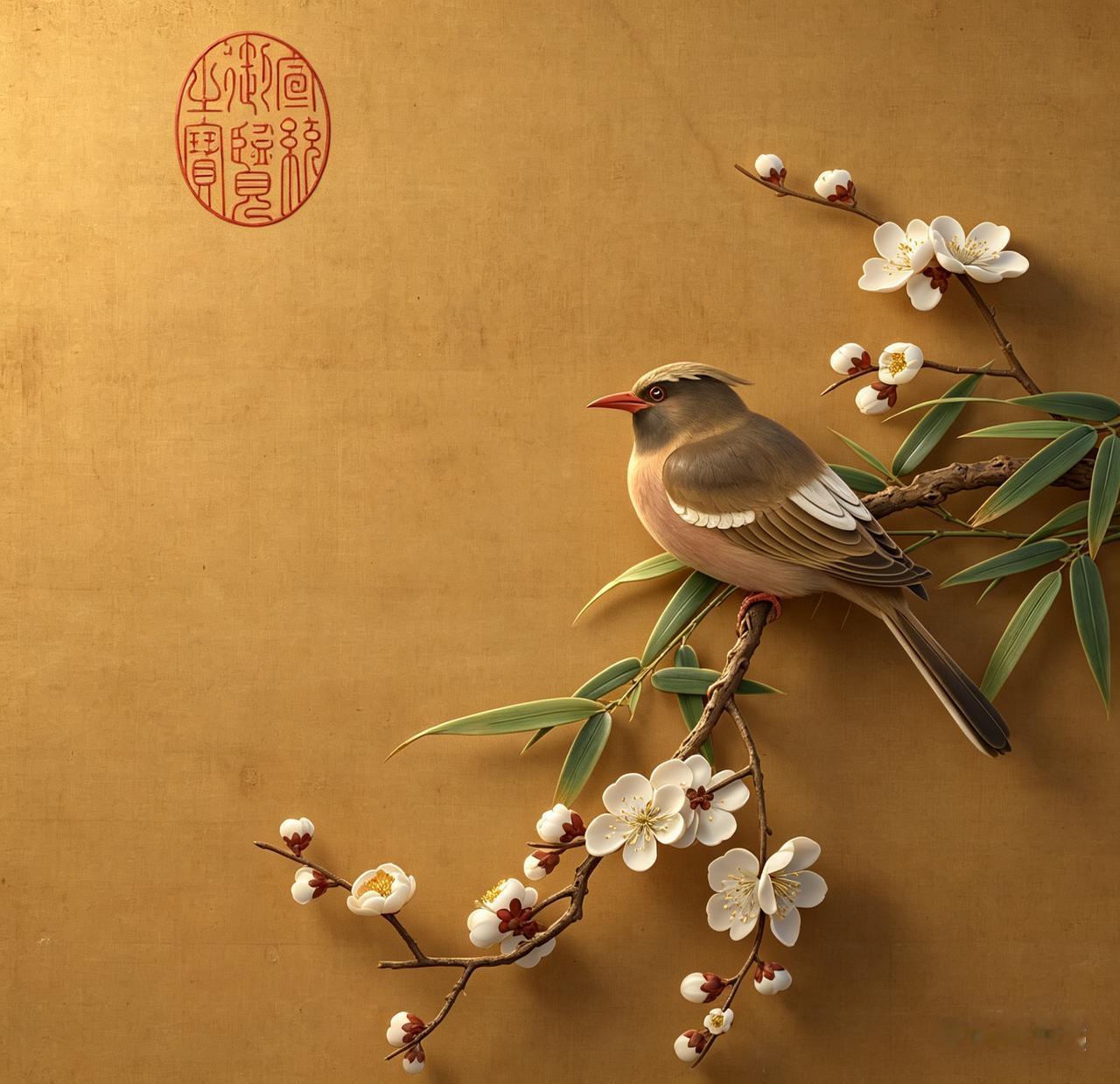 黄筌《长春花鸟册》：梅竹翎毛之一