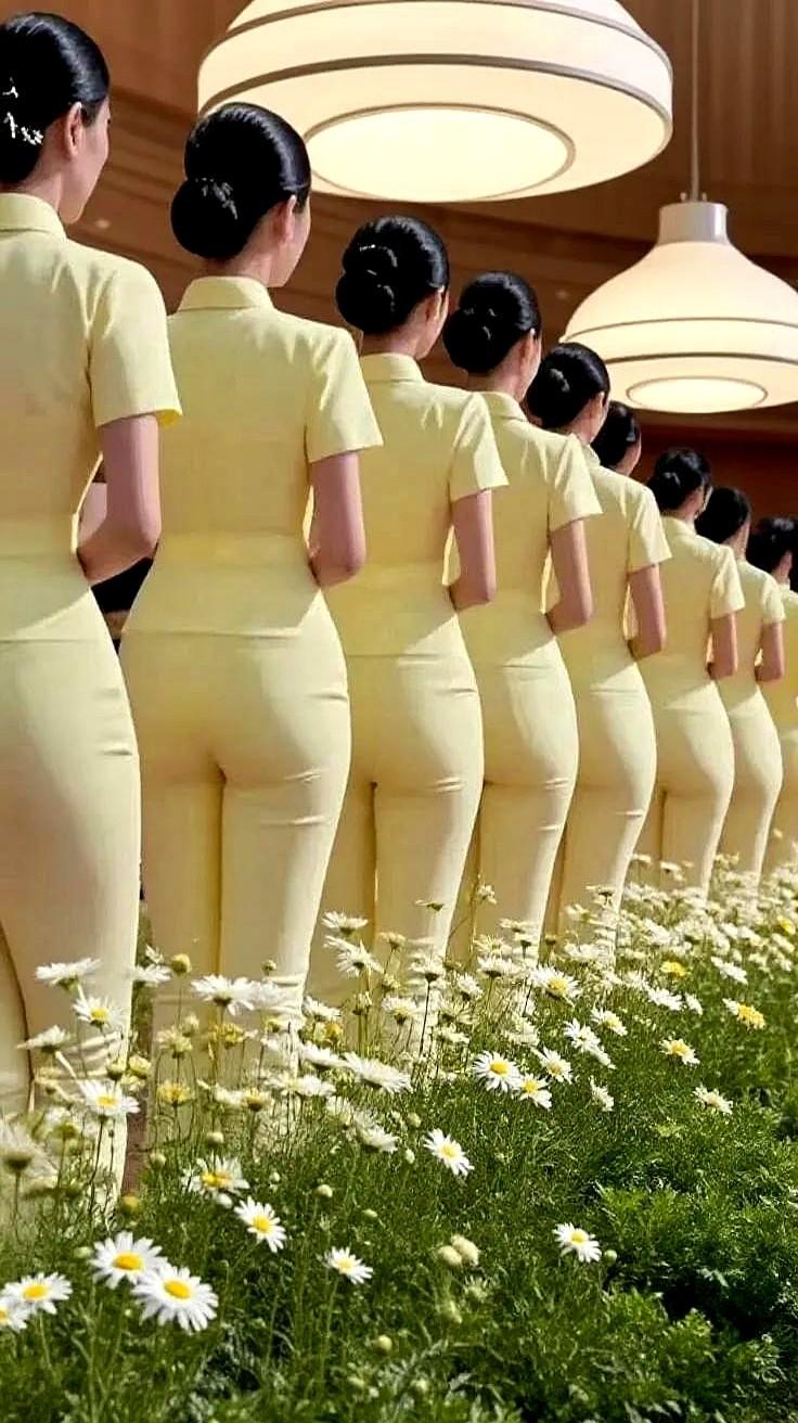 身着浅黄色制服的女服务员身姿笔挺。

利落剪裁勾勒优雅曲线，高跟鞋增添干练气场，