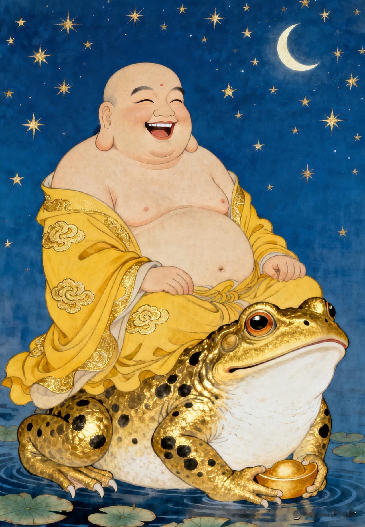 弥勒坐蟾到，福运进门来。