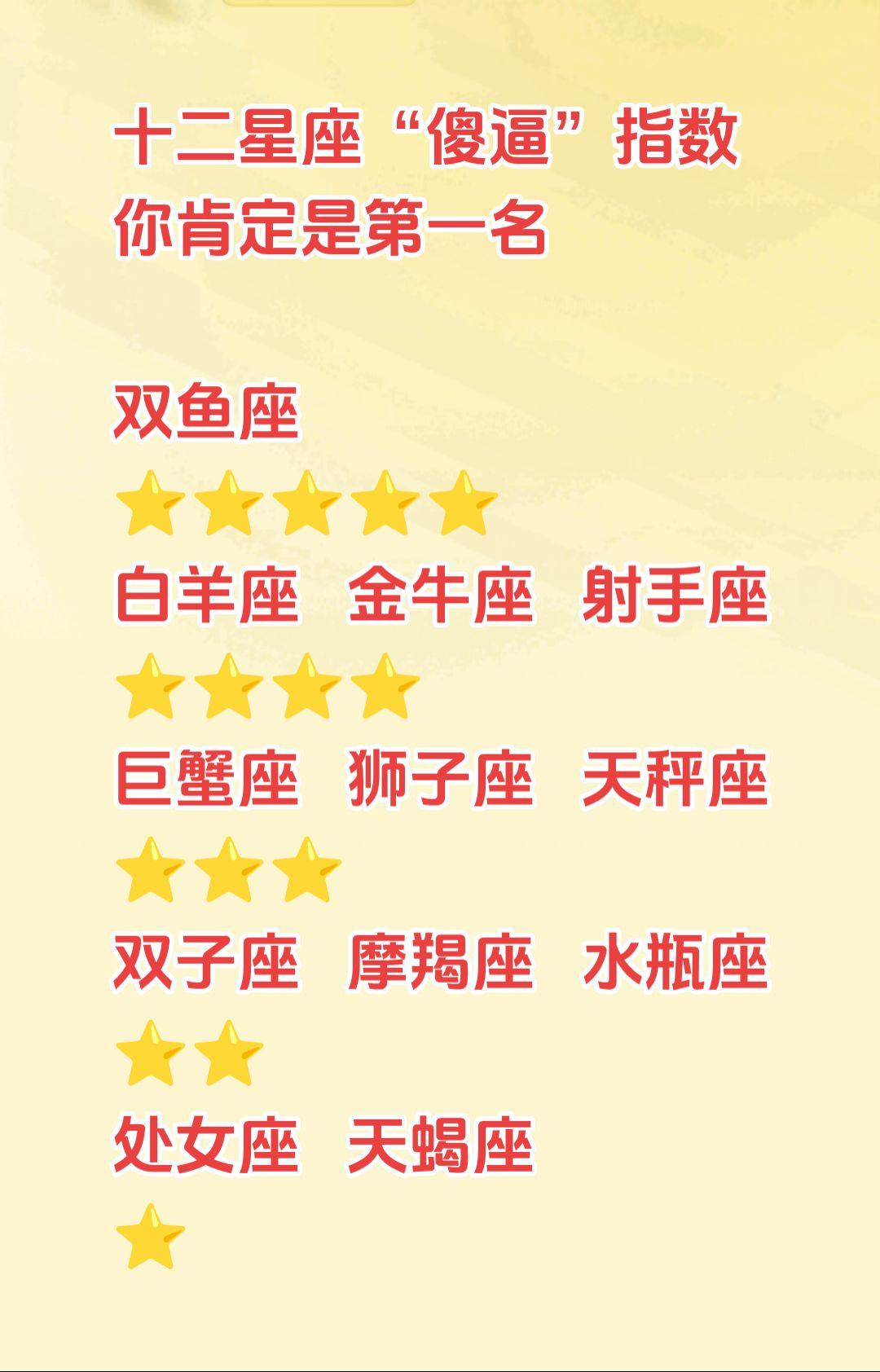 双鱼座  各位承让了  承认 承认  祝你全家满天星
#关于十二星座的小秘密