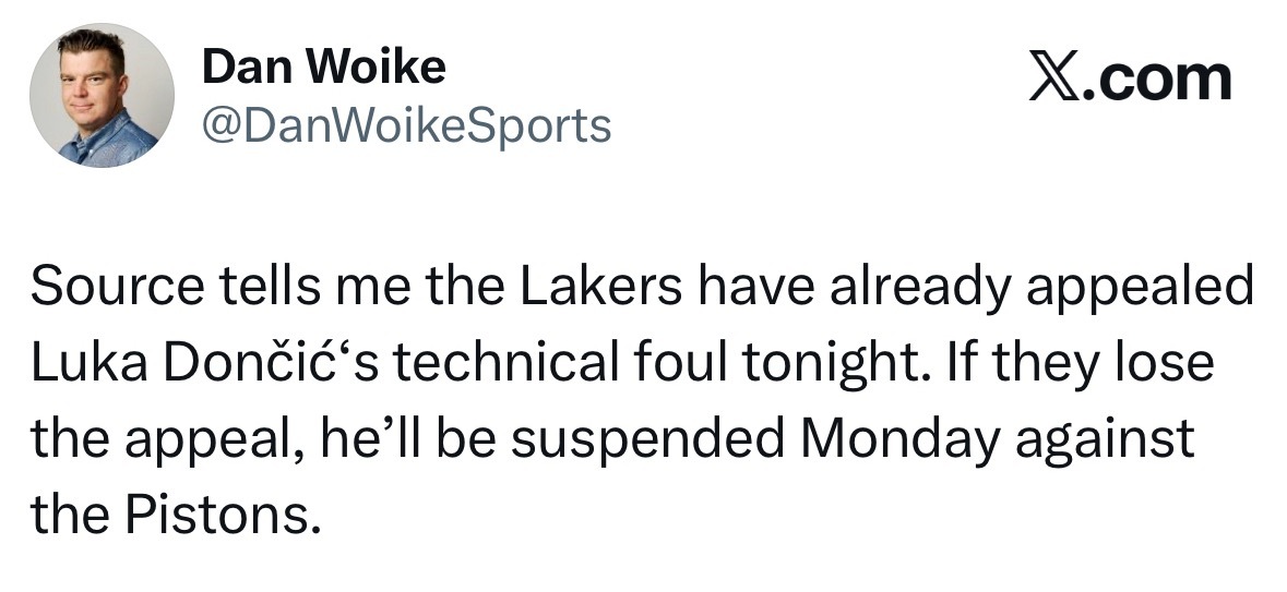 湖人队对于东契奇的技术犯规提出上诉！ 如果失败，下一场对阵活塞东契奇禁赛。 