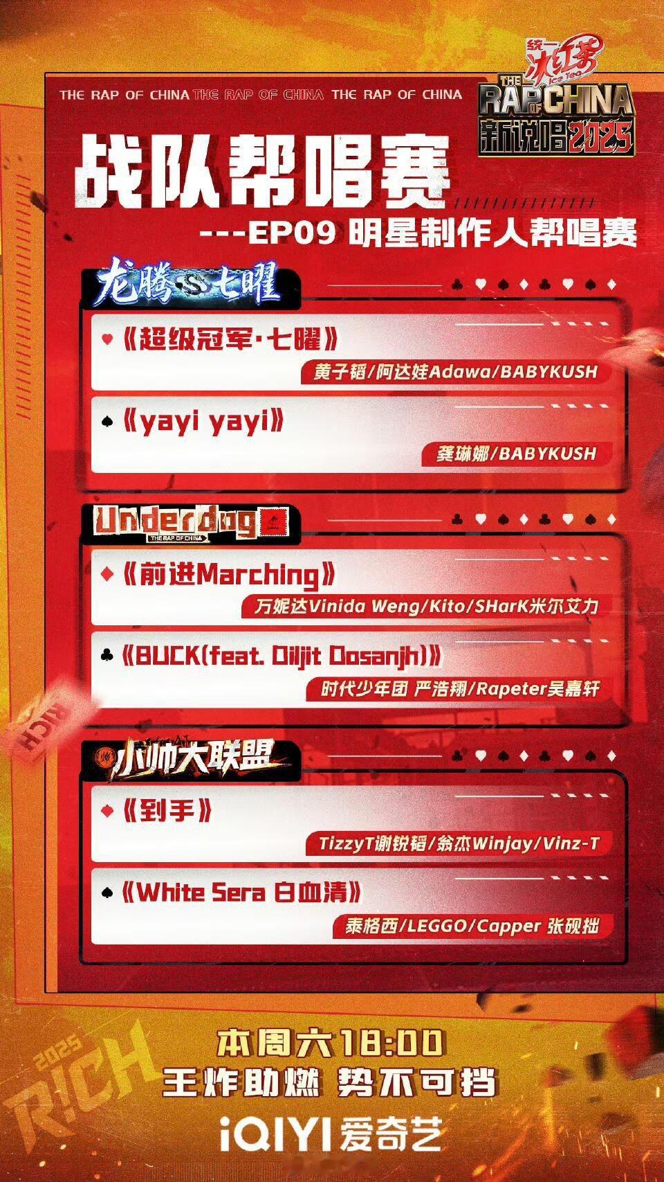新说唱2025[超话]《新说唱》战队赛明星制作人帮唱赛歌单出炉🔥《新说唱》战队
