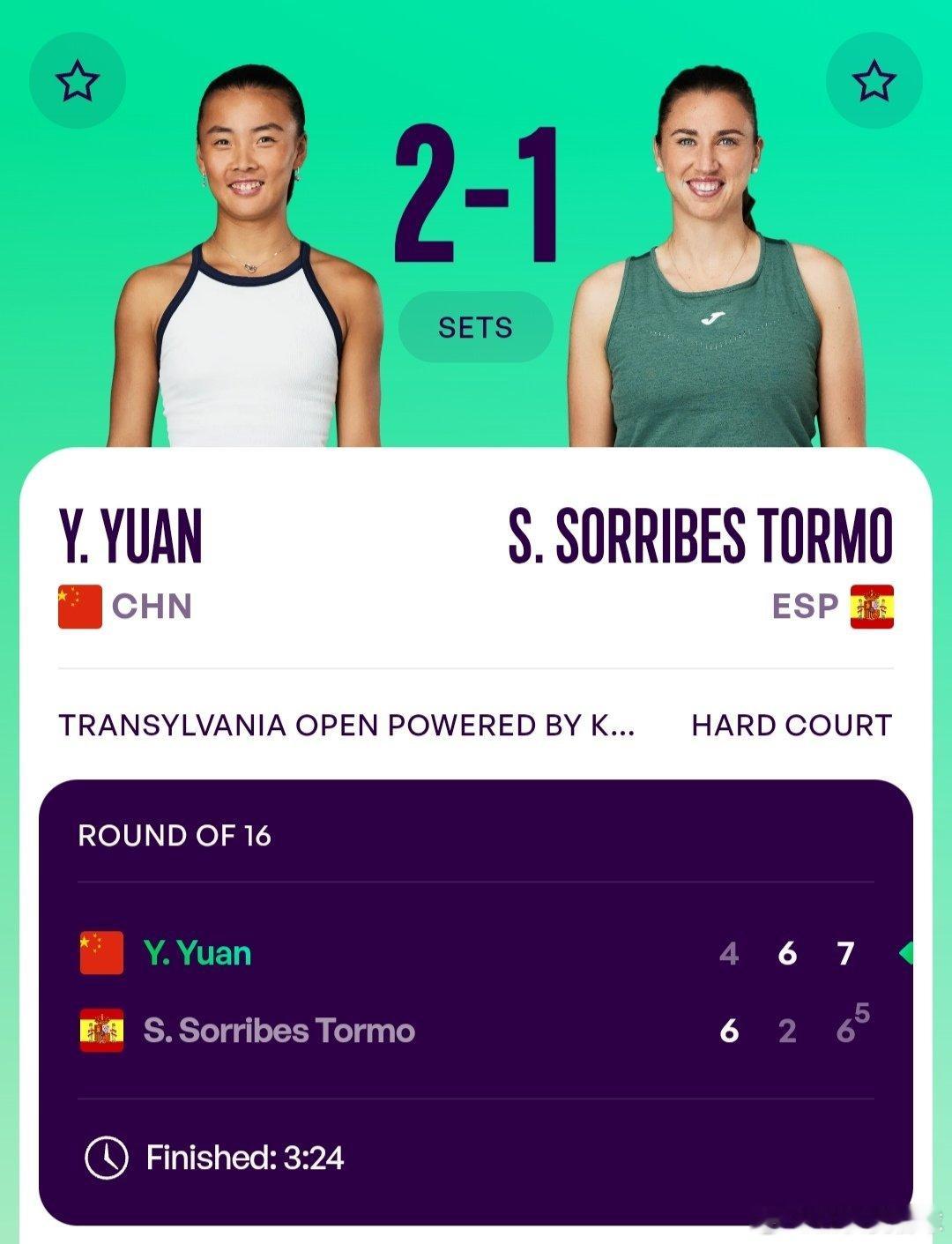 WTA250克卢日-纳波卡站🇷🇴女单第二轮袁悦🇨🇳4-6/6-2/7-6