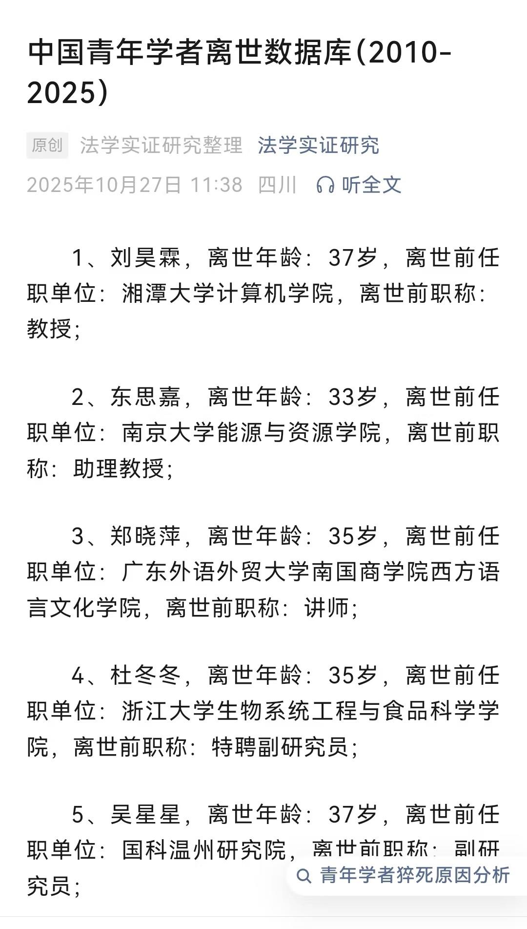 中国青年学者离世数据库（2010-2025）：
一共二百多位，最年轻的才30出头