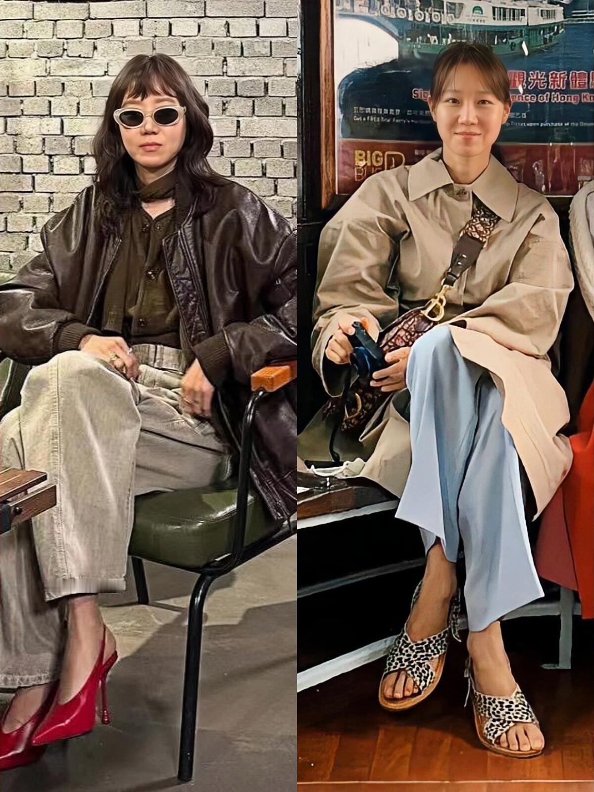 孔孝真私服超松弛！她的穿搭没有刻意精致感，主打随性自在的韩系氛围。皮衣配阔腿裤、