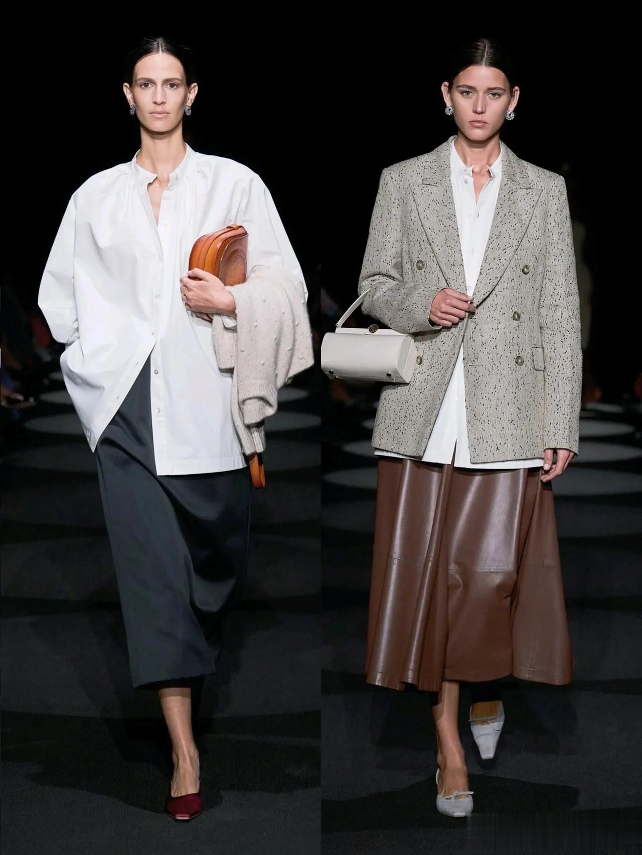 Altuzarra SS 2024的秀场～力挺且简约的白衬衫搭配深灰色的半身裙，
