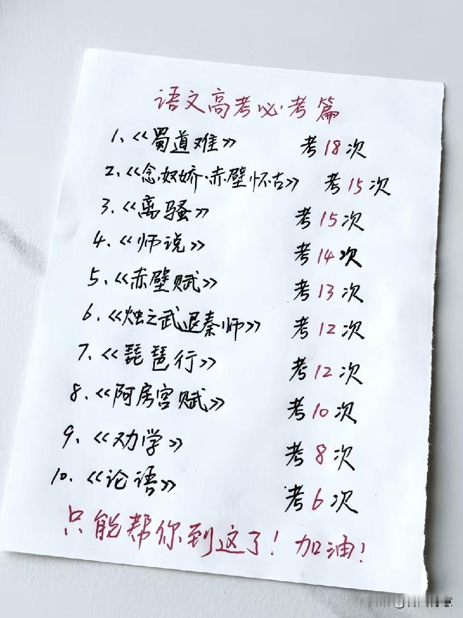 历年语文高考必考篇目清单，加油！