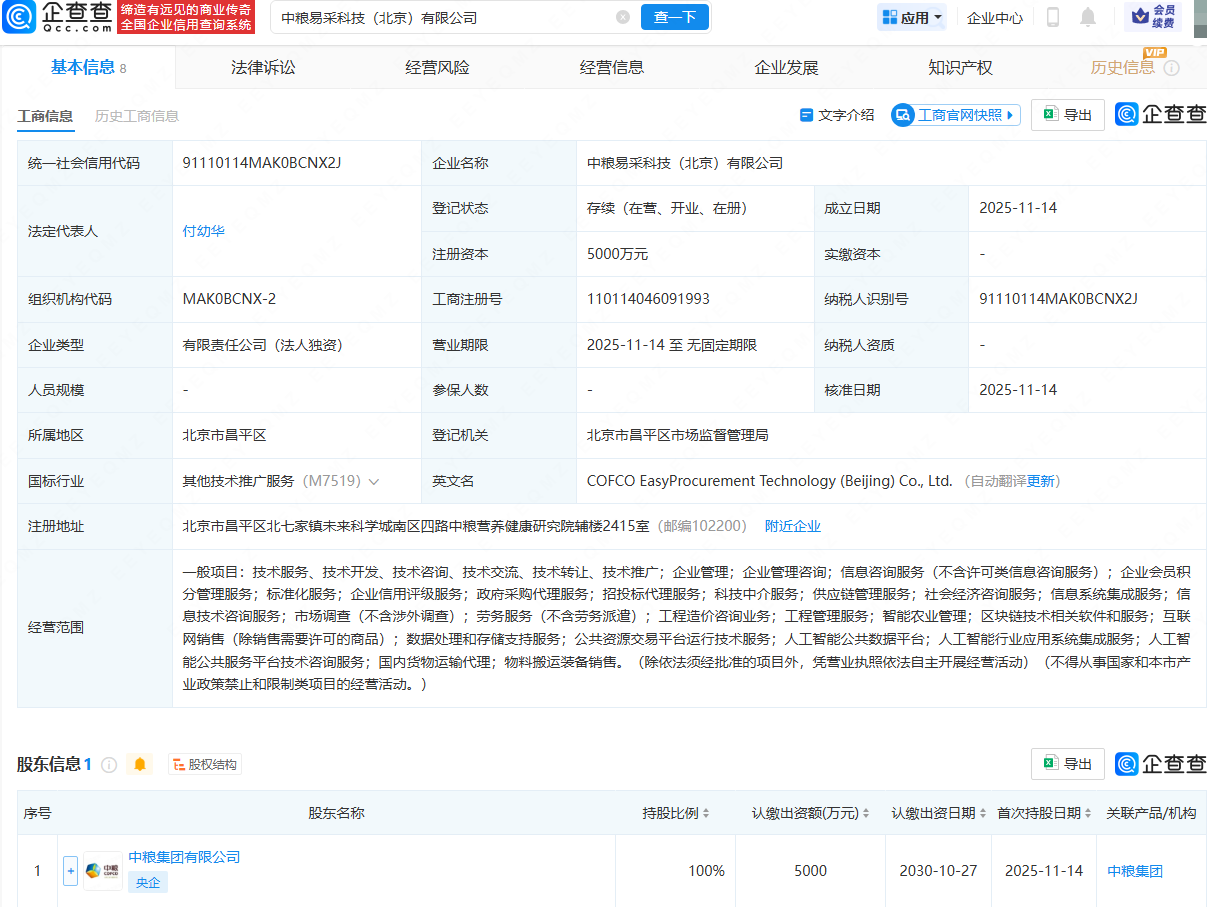 中粮集团成立易采科技公司，含AI相关业务