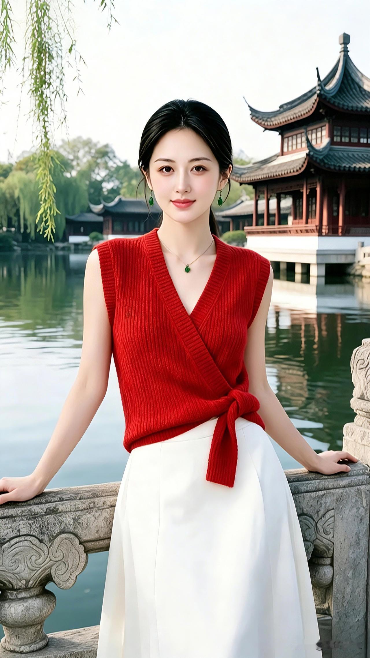 红针织马甲搭配白色长裙，漫步江南古典园林湖畔，微风拂过柳枝摇曳，一身简约穿搭尽显