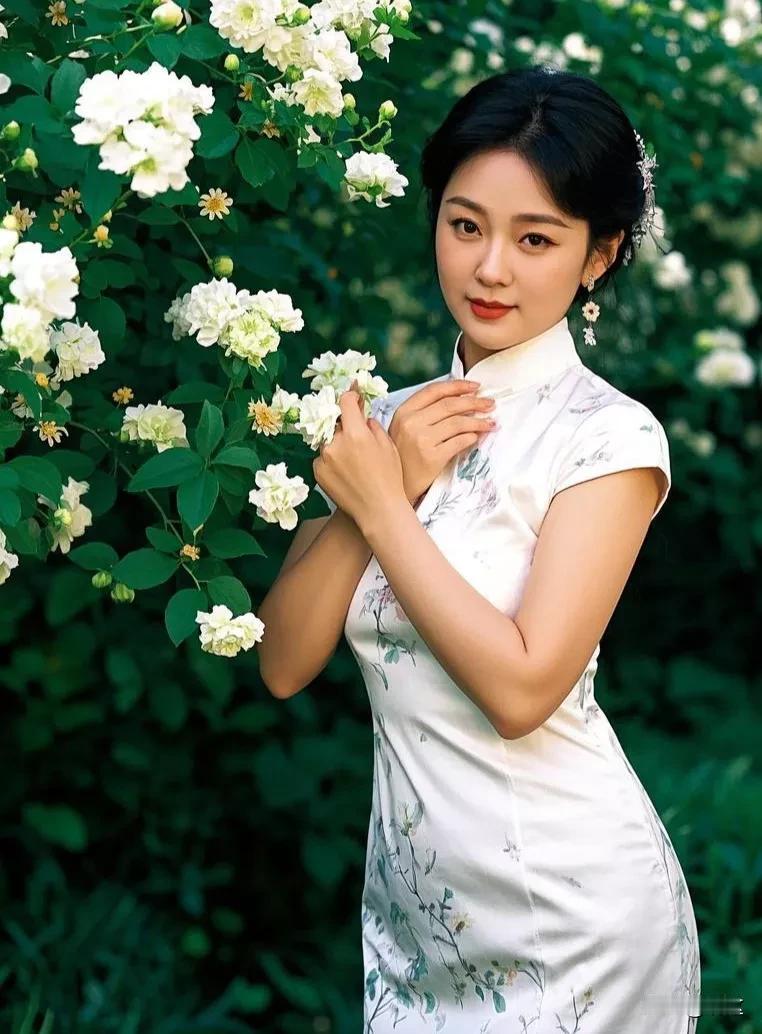 《旗袍佳人与花》
 
佳人旗袍立花丛，
白裙绣彩韵无穷。
玉手轻抬花相映，
娇容