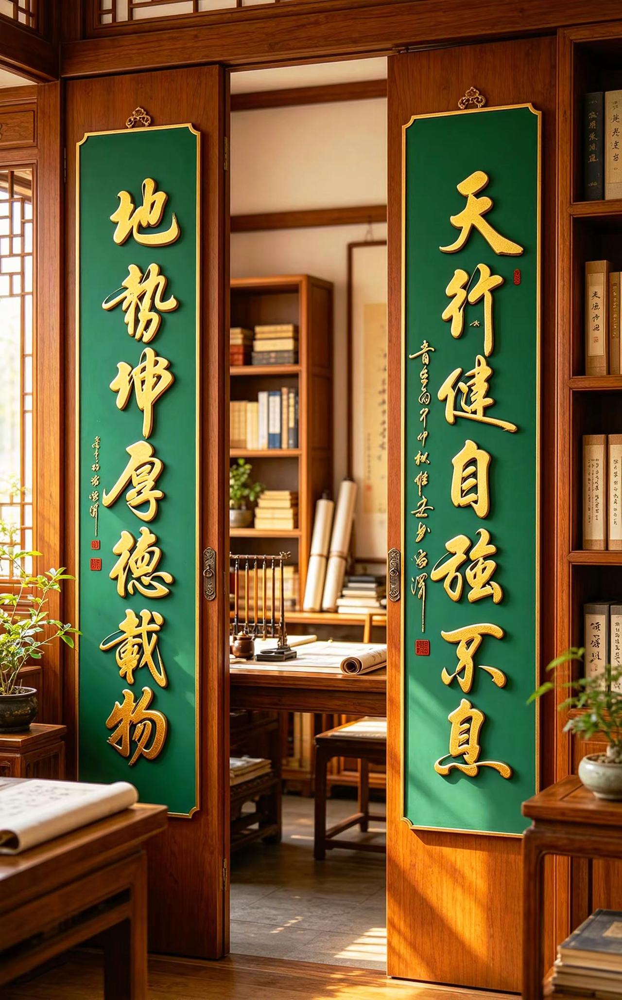 维安书法作品展示。AI书房金凸绿底对联场景