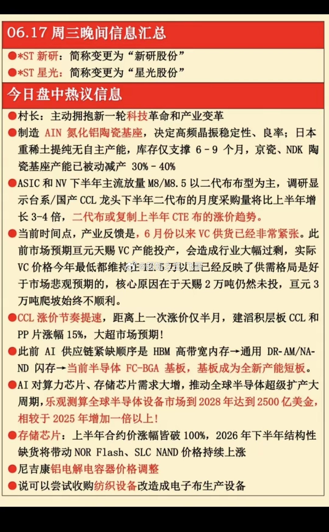6.17周三  晚间：财经热点信息参考！1.氮化铝陶瓷基座2.电子布3.CCL涨