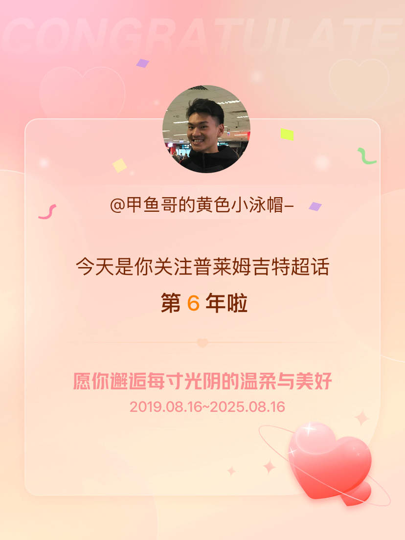 普莱姆吉特[超话]今天是我关注超话的第6年，希望你的生活如晨曦般明媚温暖～ ​​