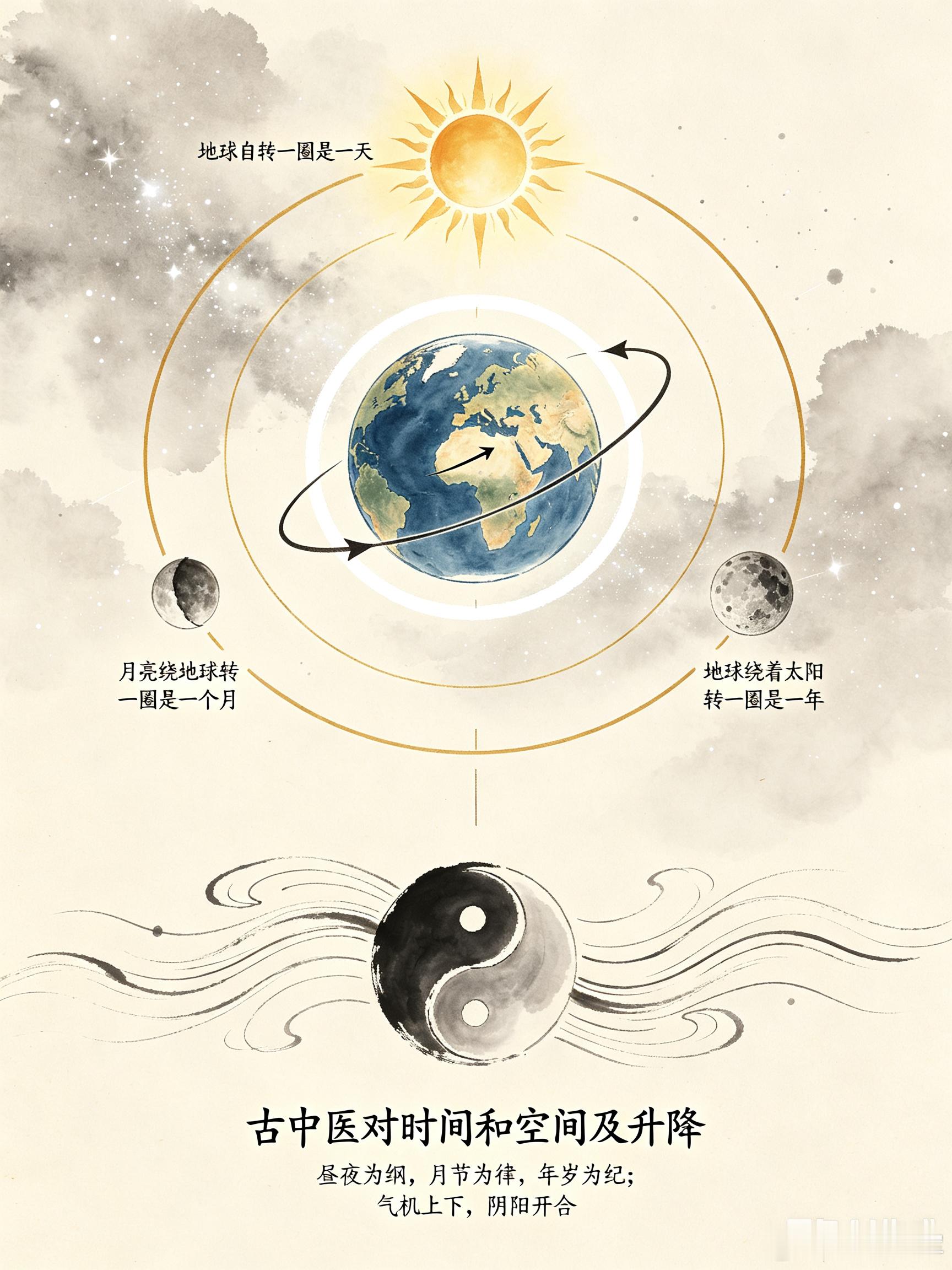 天地三周期：自转为日、月绕为月、地巡为年古中医时空观与气机升降日月岁时应人身地转