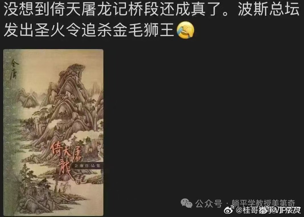 没想到倚天屠龙记桥段还成真了。波斯总坛发出圣火令追杀金毛狮王===桂哥评：金庸老