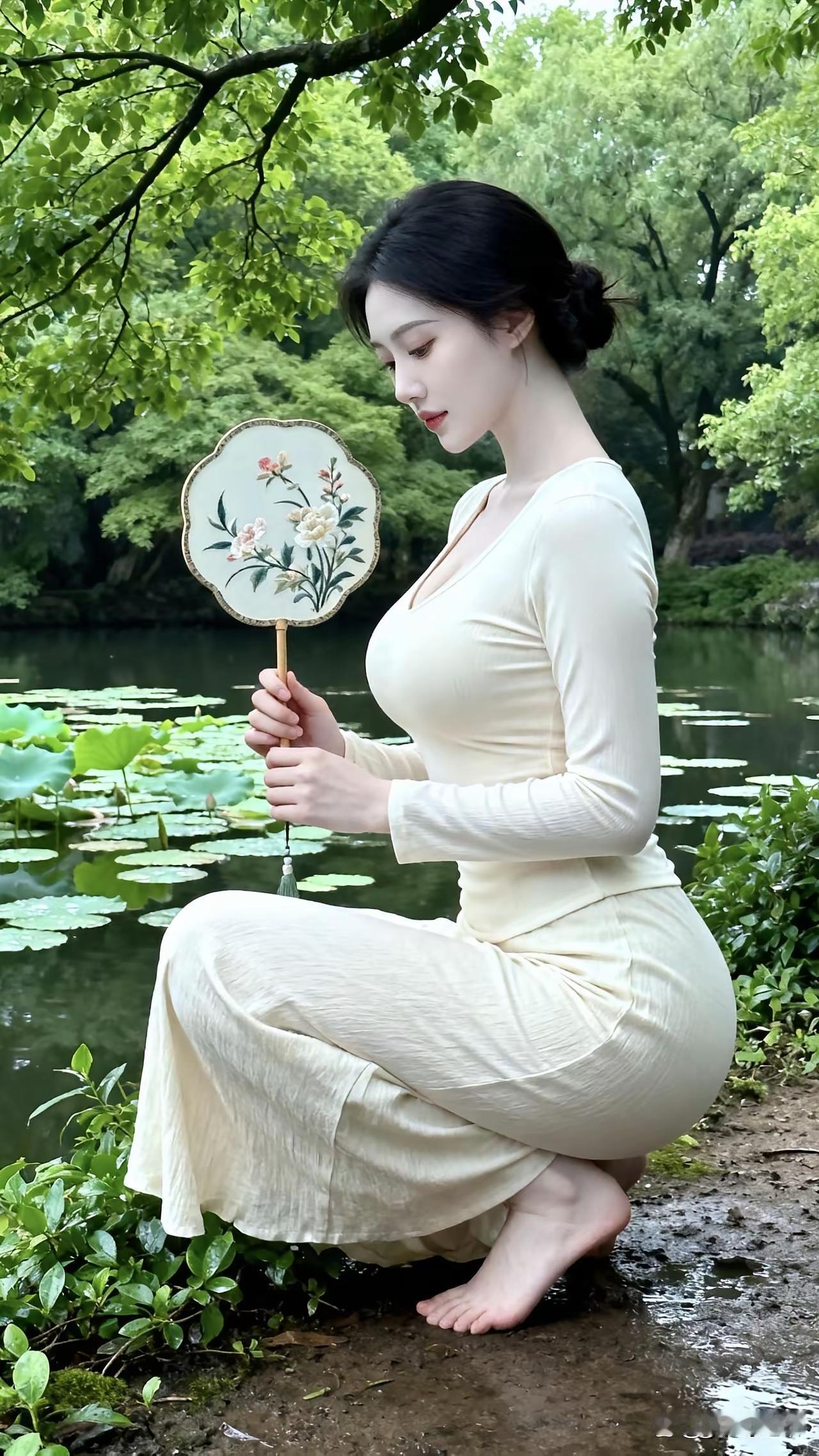 在湖边，手持花扇，静享自然之美。