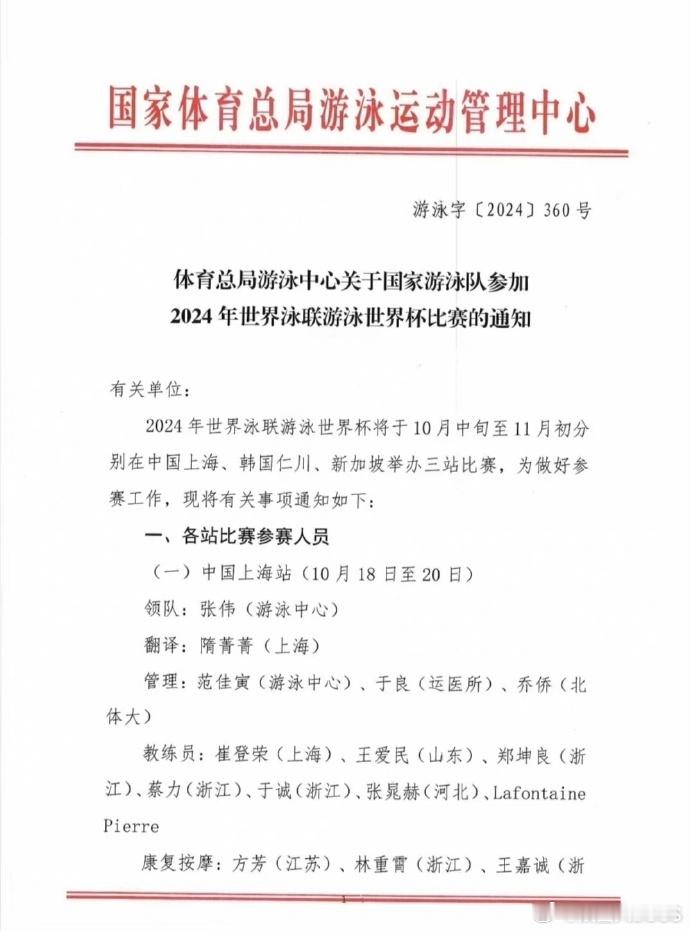 #游泳世界杯上海站中国队名单#2024年世界泳联游泳世界杯上海站将于10月18至