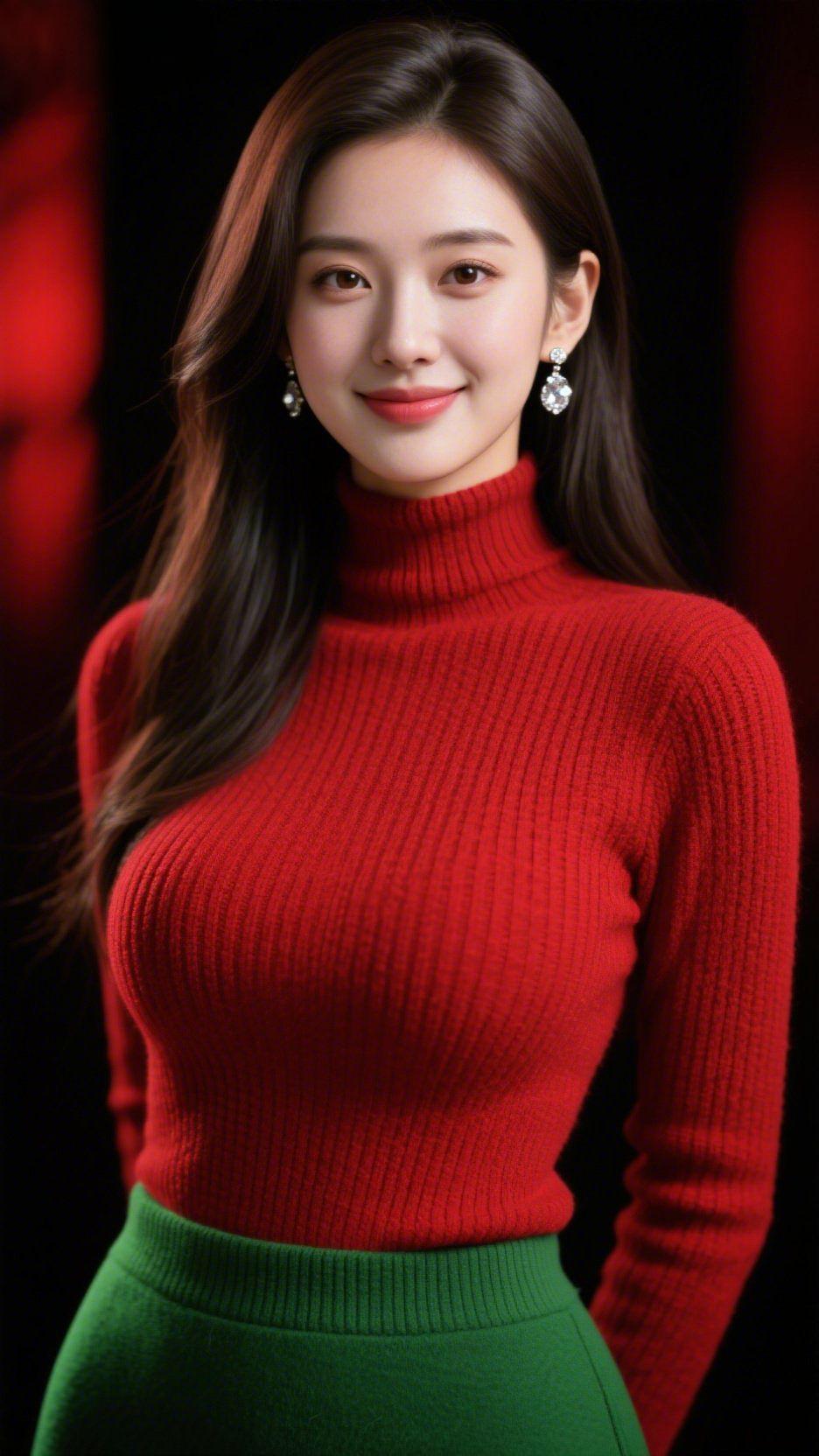 红与绿的冬昼柔息
 
墨发轻垂时，像拢了岁末暖光的软风落下来。
 
正红高领毛衣