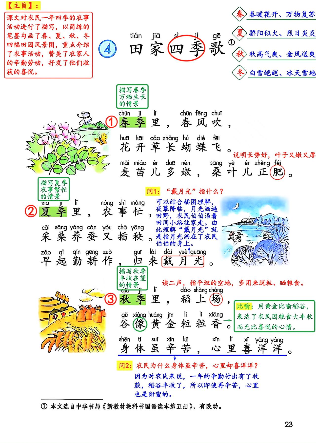 二年级上册语文，第二单元识字4《田家四季歌》课堂学习笔记，暑假提取预习