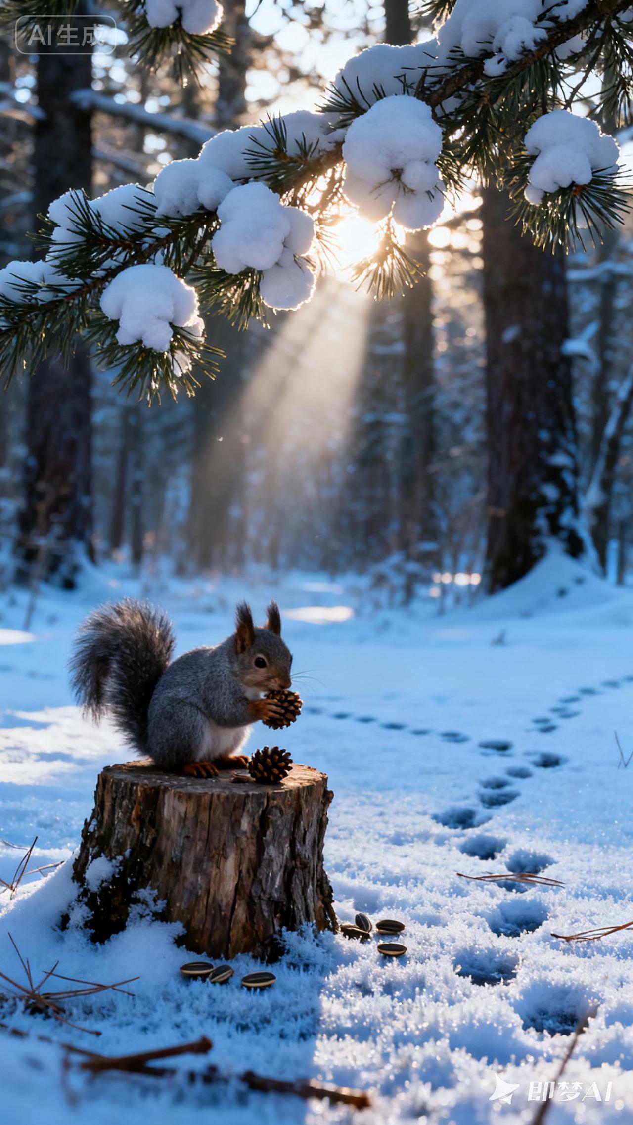 冬日生活打卡季冬日的森林静谧而纯净。一只活泼的松鼠站在树桩上，灵巧地叼着一个松果