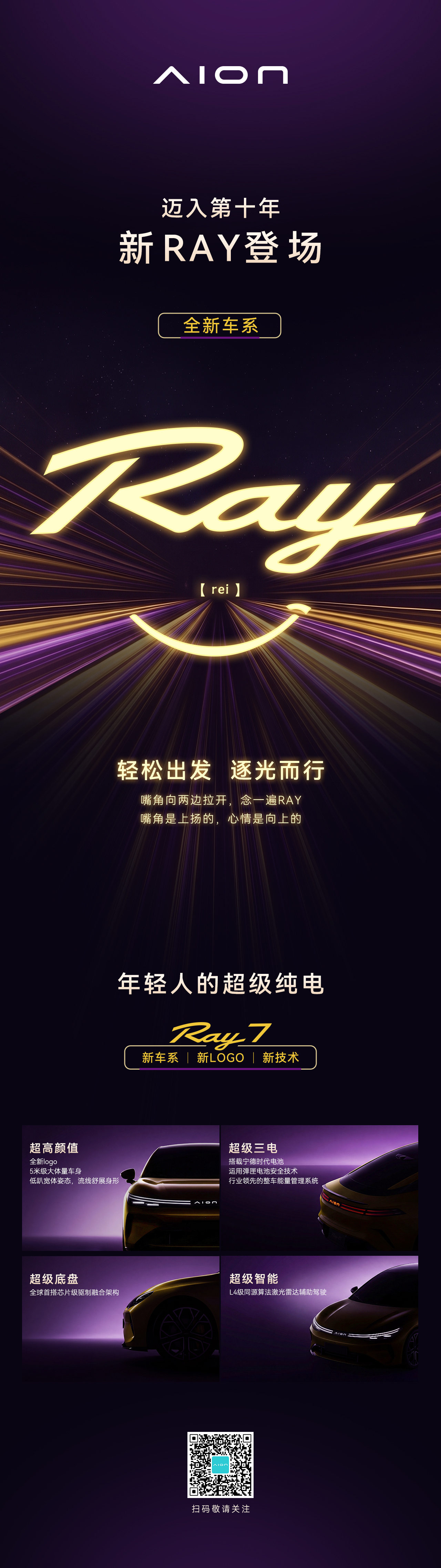 全新车系，新RAY登场超级纯电RAY7为年轻人而来与你一起轻松出发，逐光而行埃安