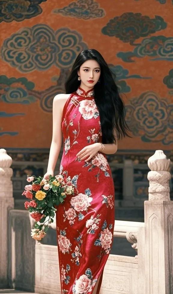 东方韵味，红衣美人手捧花束，韵味十足。简行唯美的美女 国风美俏女 绝色佳人照 美