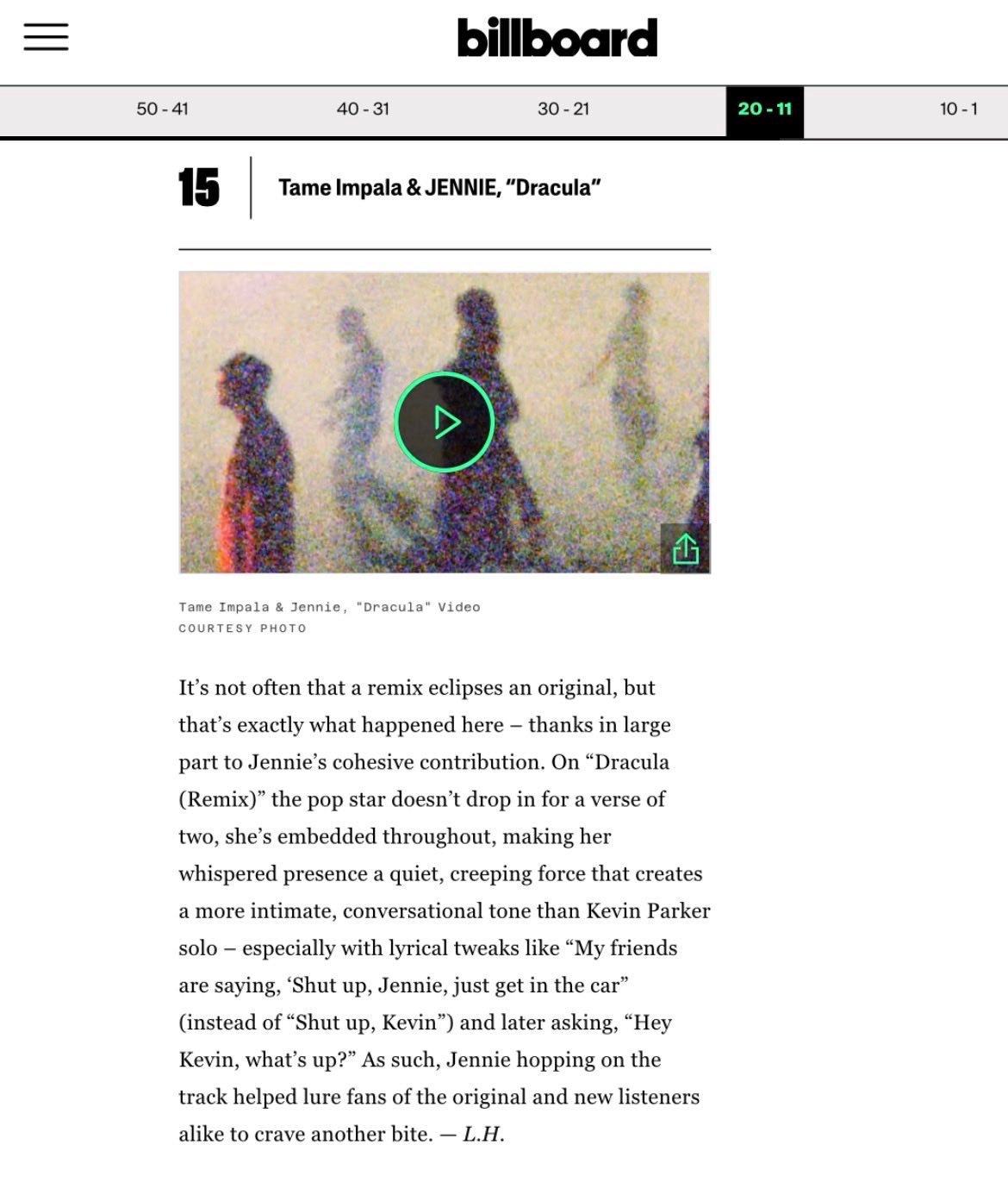 Billboard发布了2026年最佳50首歌曲榜单：DRACULA JENNI