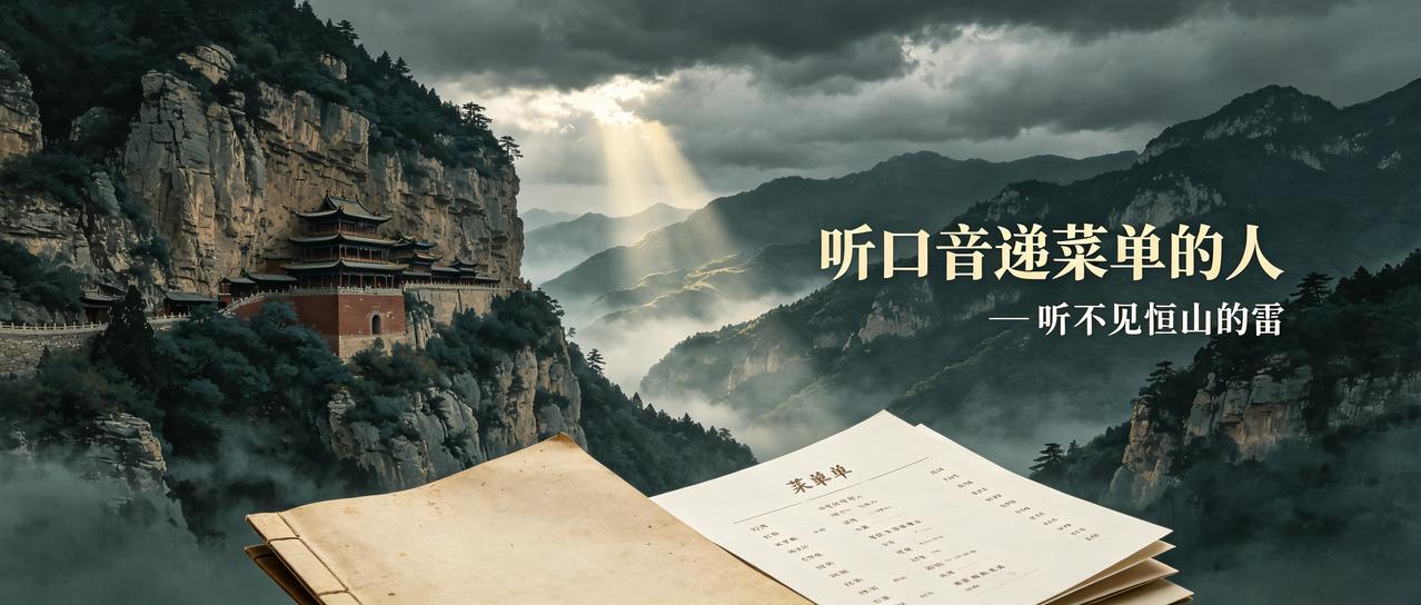 听口音递菜单的人，听不见恒山的雷

八月底的浑源，恒山云线压低，悬空寺的檐角挂着