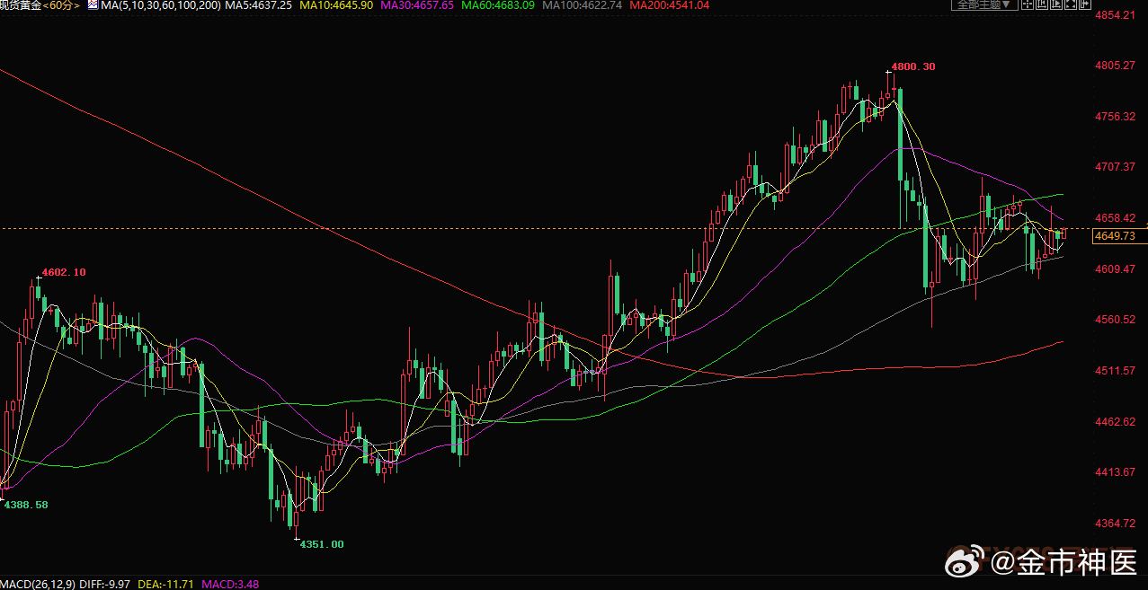 黄金行情，上周日线太明显了，就是扫荡。小区间关注4600-4300美元，大区间就