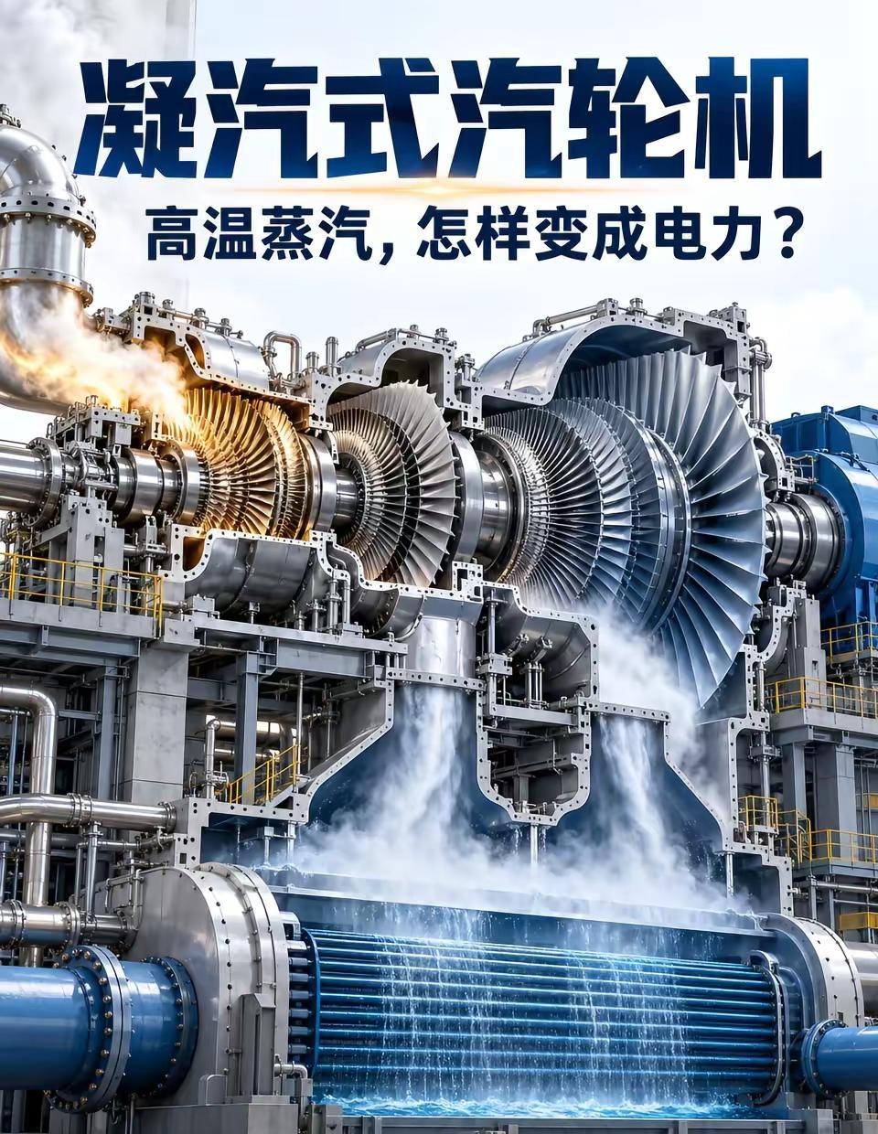 凝汽式汽轮机｜高温蒸汽怎样变成电力？锅炉产生的高温高压蒸汽先进入高压缸膨胀做功，