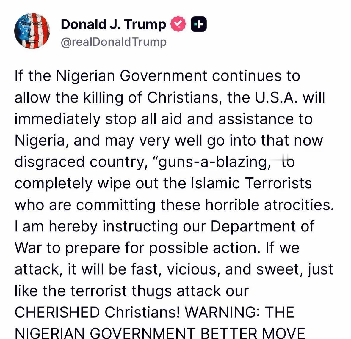 快讯！快讯！。
美国前总统特朗普突然宣布了。
他在社交平台发帖，声称要切断对尼日