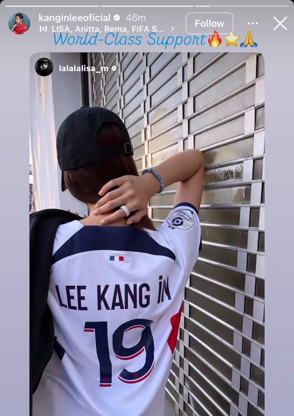 Lisa穿李刚仁球衣❤️ 李刚仁IG Story转发Lisa IG更新：“世界级