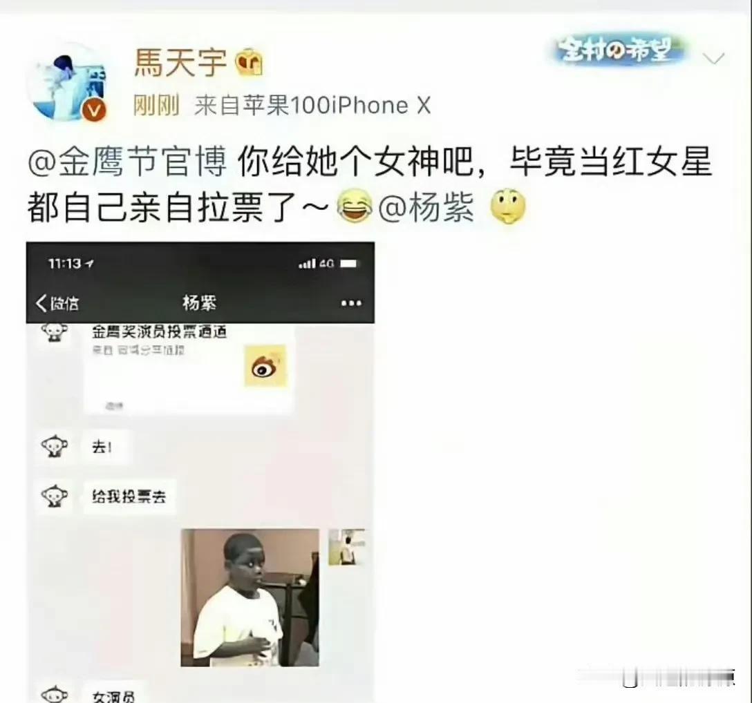 看来马天宇是越扒越黑，以前发的微博投票，直接把人家杨紫微信截图甩出来了，让人家尴