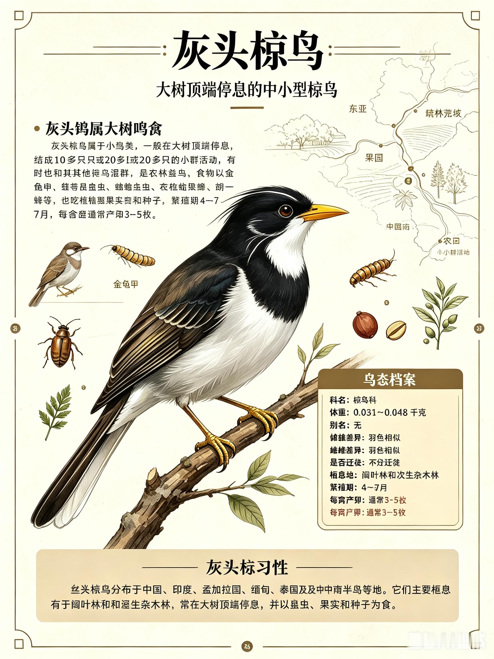 鸟类朋友图鉴 灰头椋鸟科名：椋鸟科体重：0.031～0.048千克别名：无灰头椋