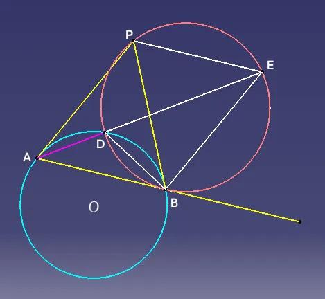 弦切角定理运用
如图，过圆O外一点P引圆的两条切线，切点为A、B，过P、B作圆并