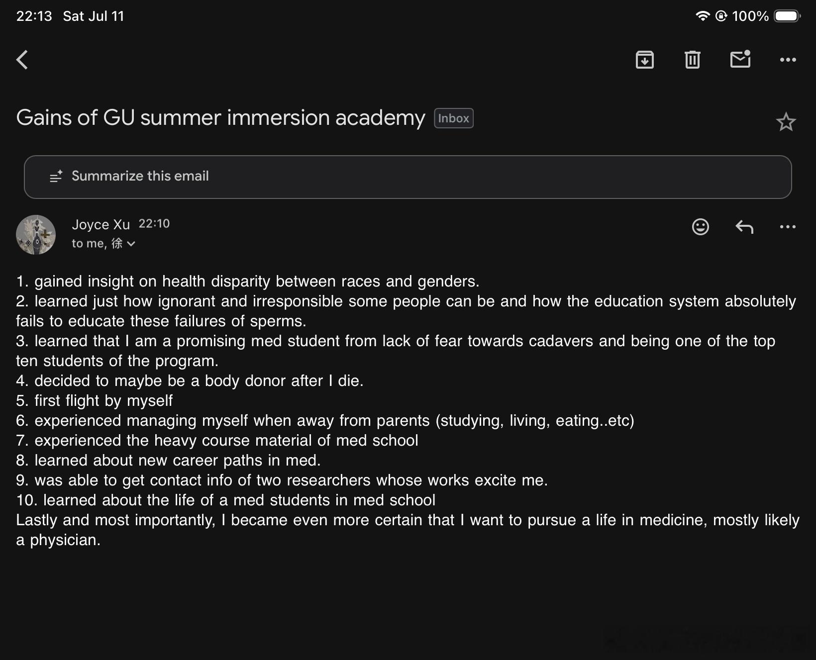 我让乐乐写一个夏校的极简总结。有时候想想，乐乐有我这样一个demanding的妈