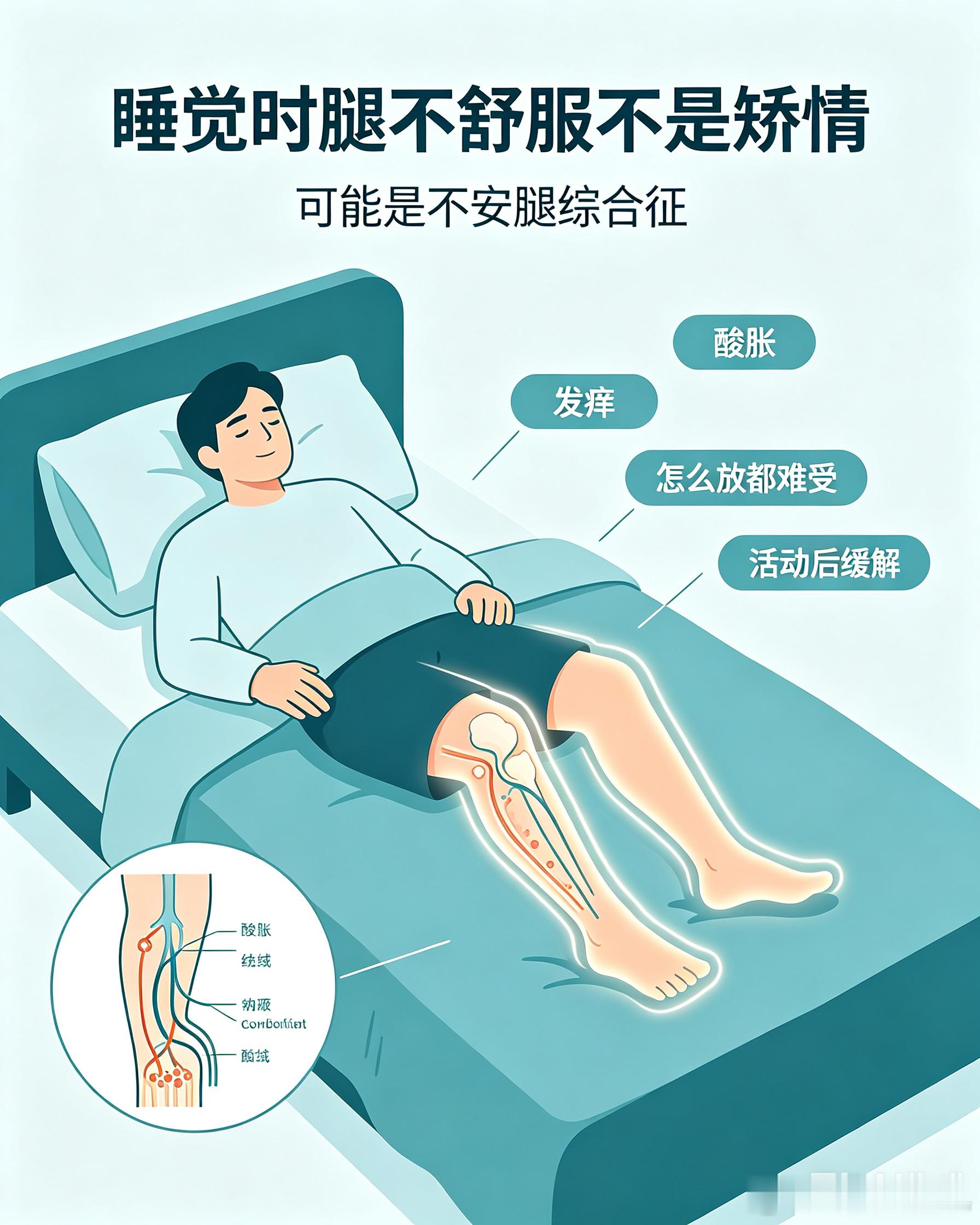 睡觉时腿部莫名酸胀、发痒、怎么放都难受，并非矫情，大概率是不安腿综合征。多由久坐