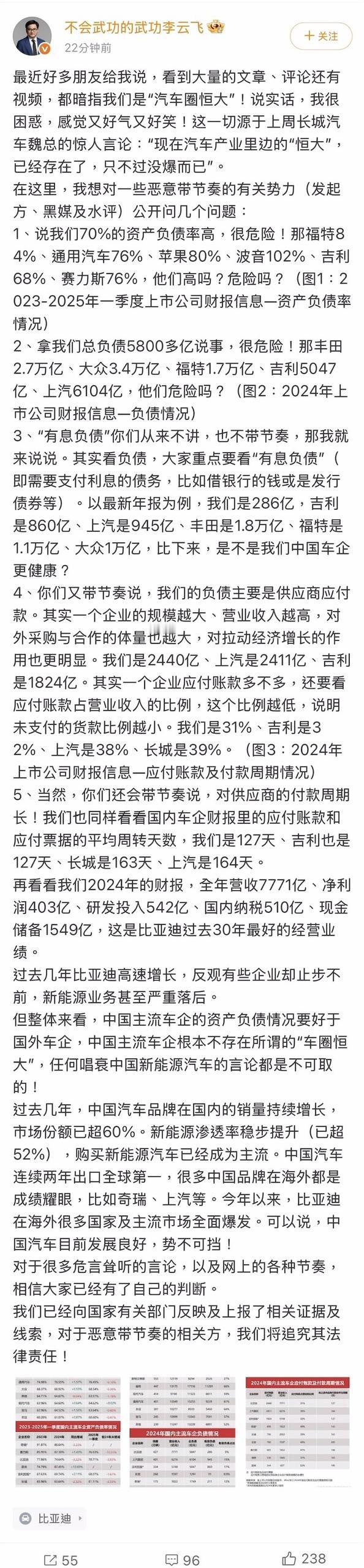 有些人就爱盯着“负债”俩字瞎带节奏！最近铺天盖地的信息说比亚迪负债高危险！
看了