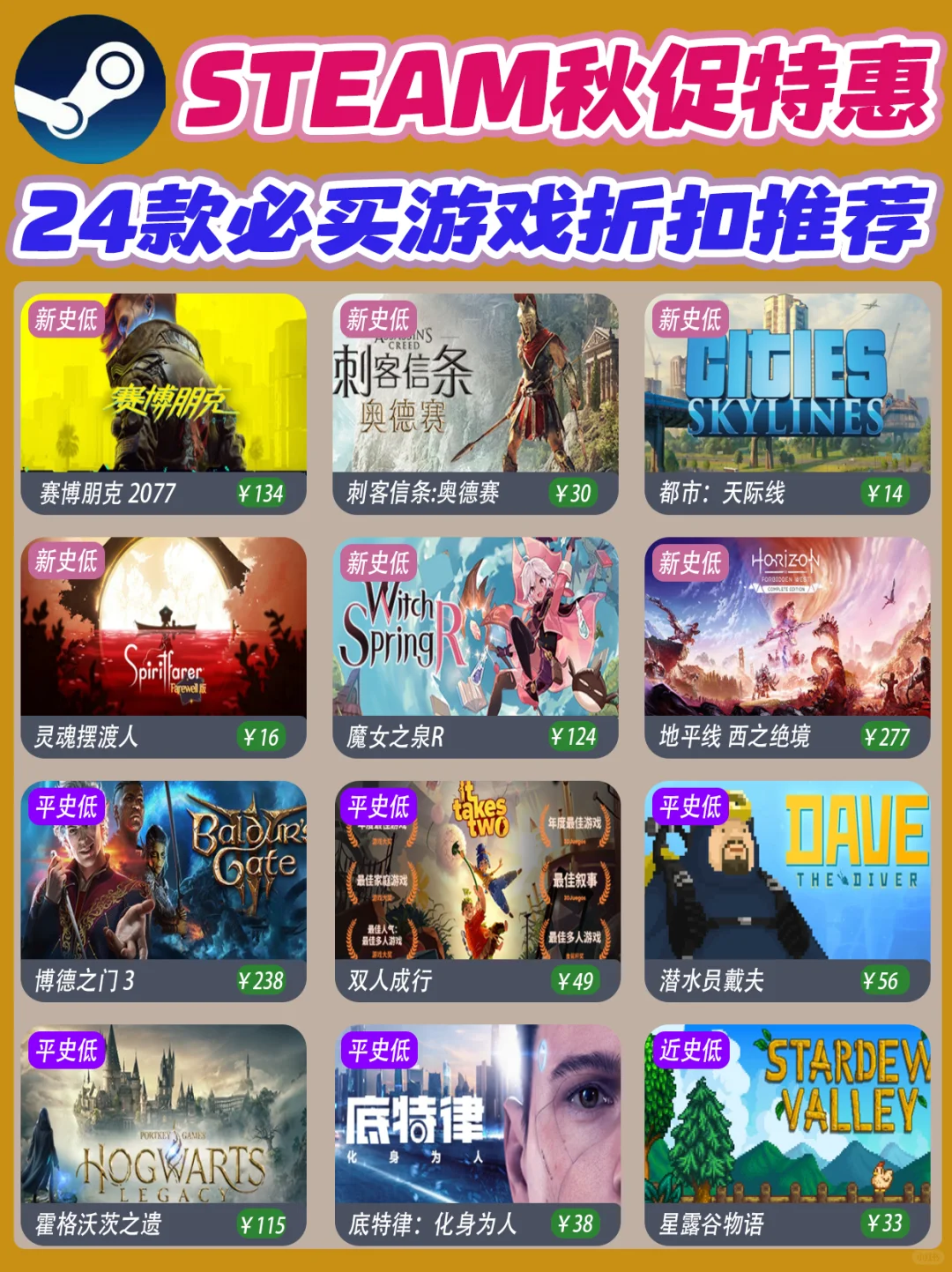 Steam秋促‼️爆肝整理24款热门游戏史低💪